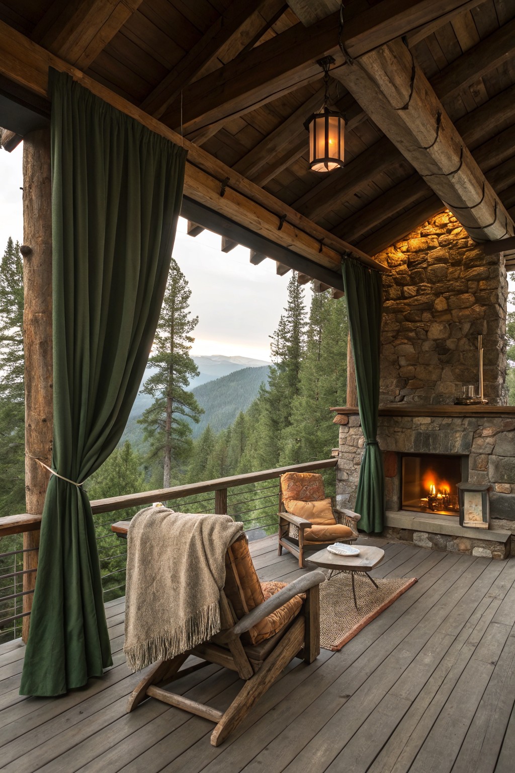 A covered wooden deck features green outdoor curtains tied to posts, a stone fireplace with a lit fire, and wooden lounge chairs on a rug overlooking a forested mountain view.
