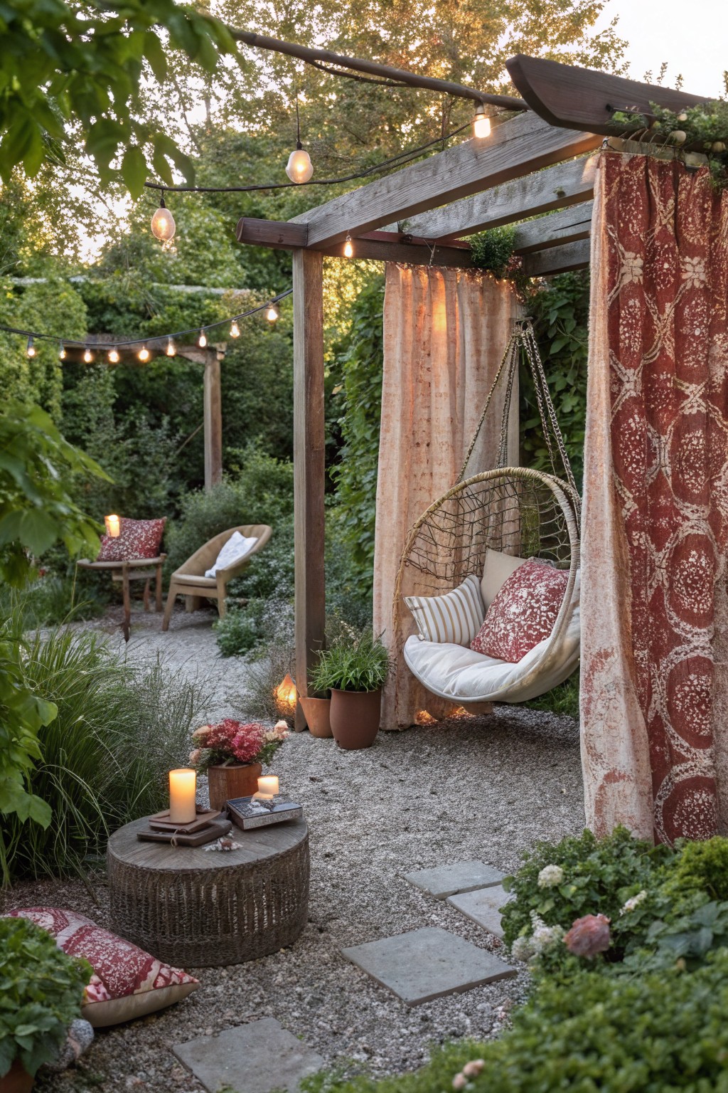 A wooden pergola with patterned red outdoor curtains on one side and a hanging chair inside on a gravel patio.