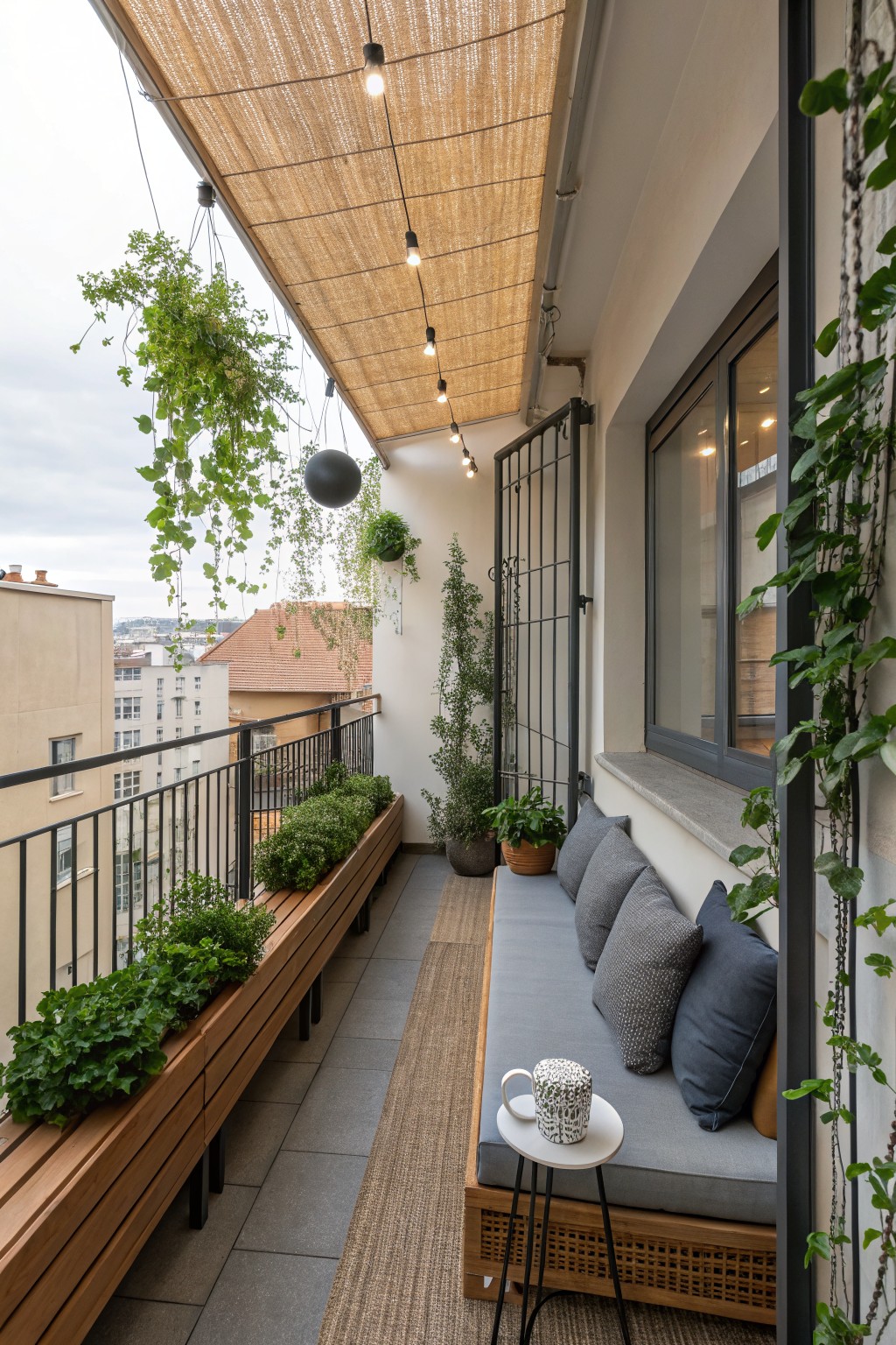 A balcony with a built-in bench, overhead woven shade, string lights, and many hanging plants along the open side.