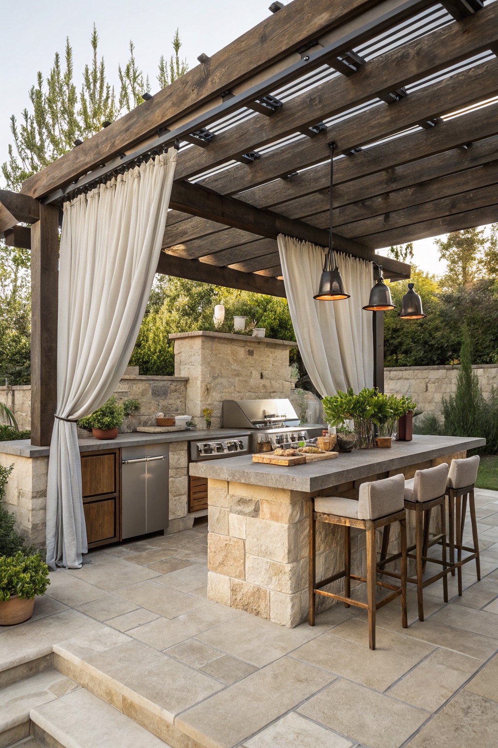 Outdoor kitchen with stone bar, wooden stools, pergola, and hanging pendant lights.