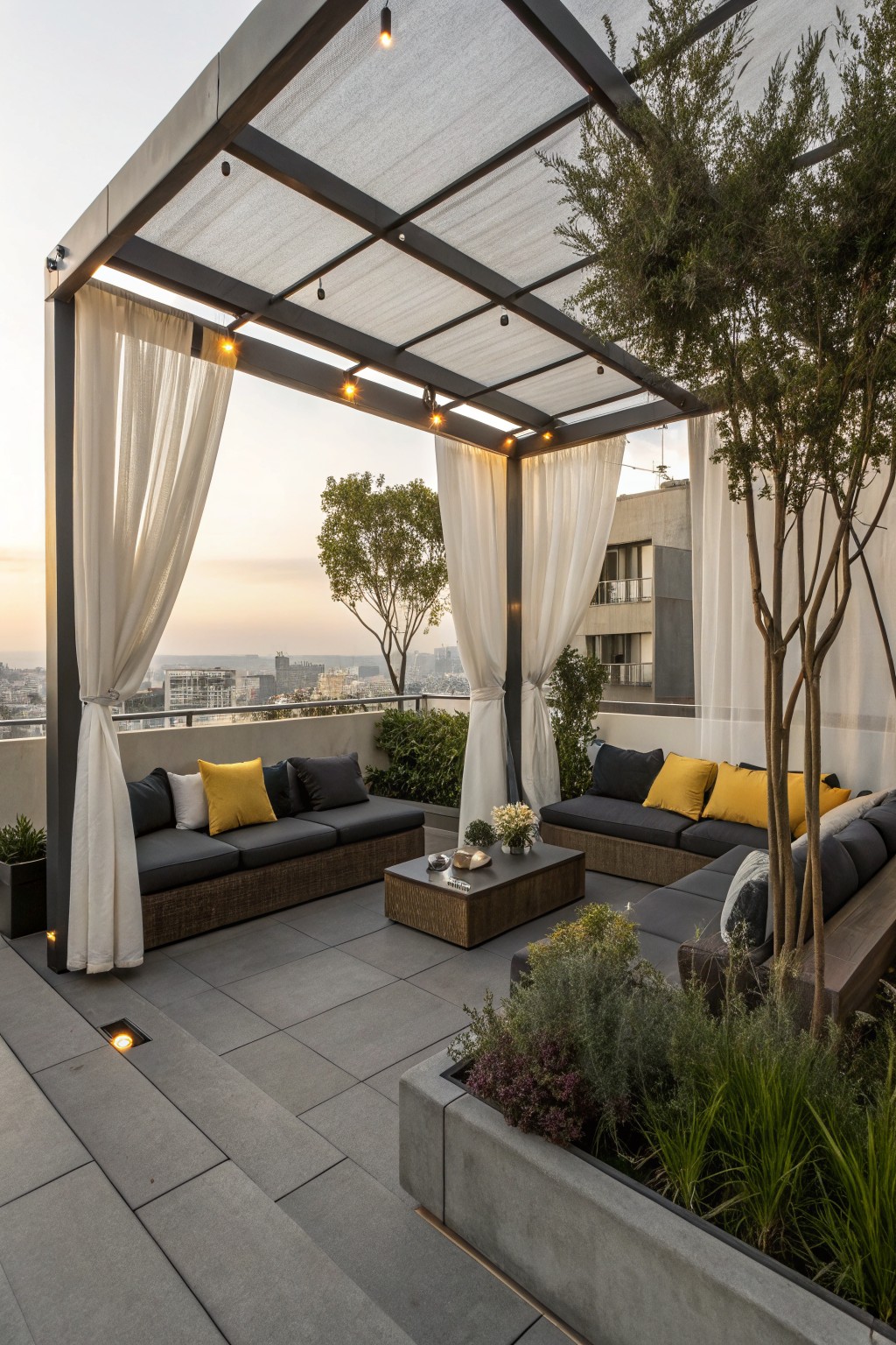 A rooftop patio under a dark pergola with white sheer curtains tied back on both sides, gray sofas with yellow pillows, a wooden coffee table, and city skyline views beyond.