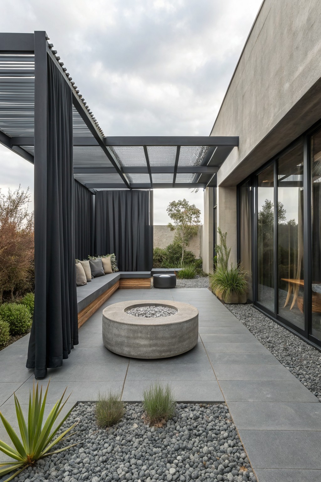 Modern patio under a dark metal pergola with black outdoor curtains, concrete fire pit, and gray tile floor.