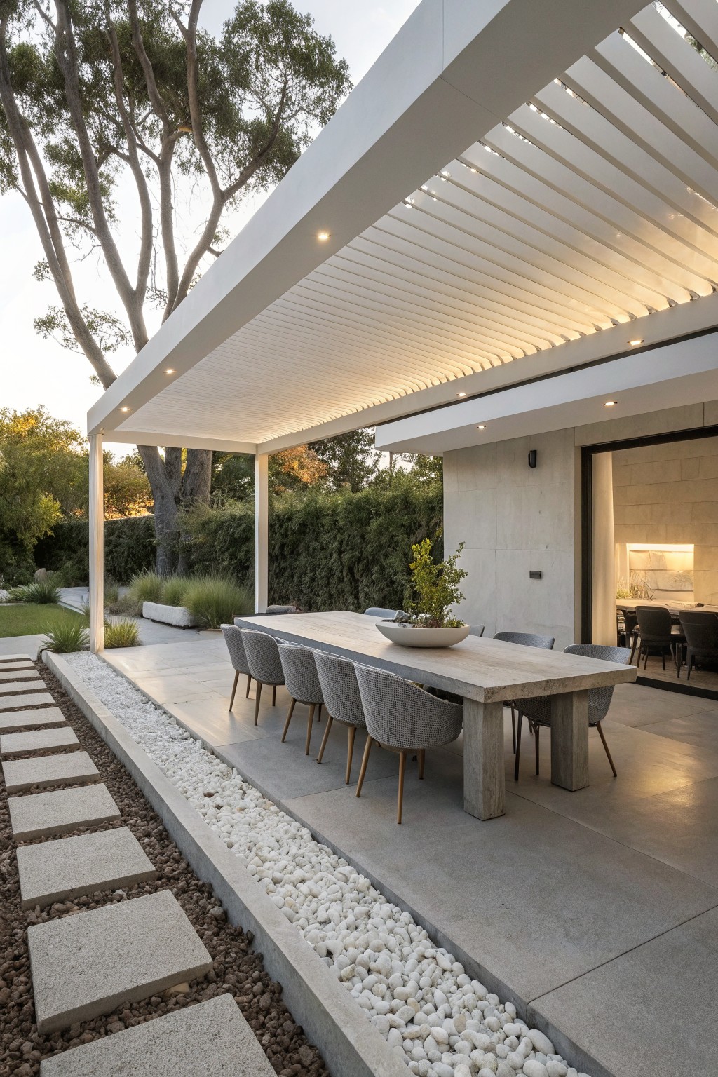 Modern outdoor patio with long concrete dining table under lit white pergola