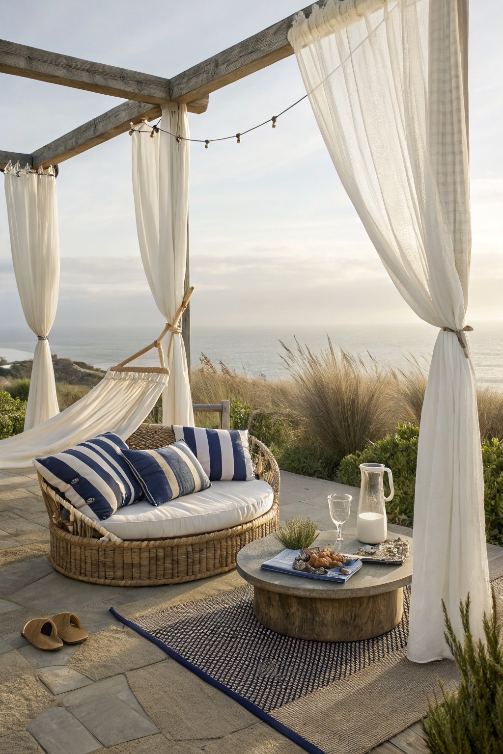 A wooden pergola with white sheer curtains draped around a round wicker daybed on a stone patio overlooking the ocean.