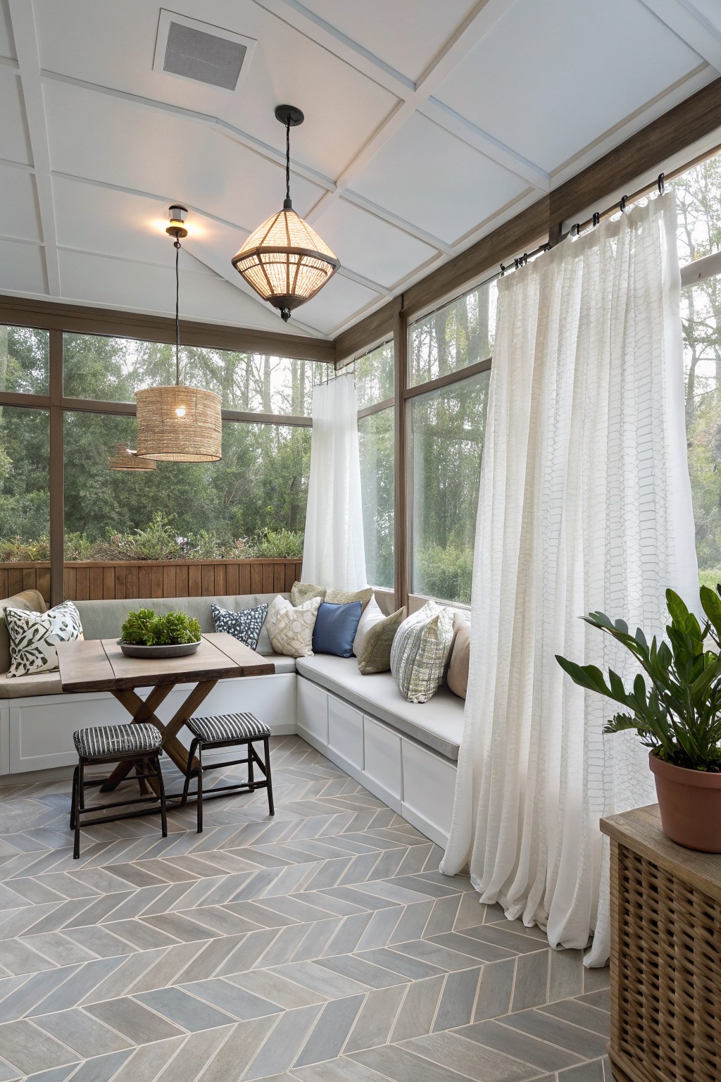 Covered porch interior with white sheer curtains on a rod, built-in bench seating with pillows, wooden table and stools, and large windows overlooking trees.