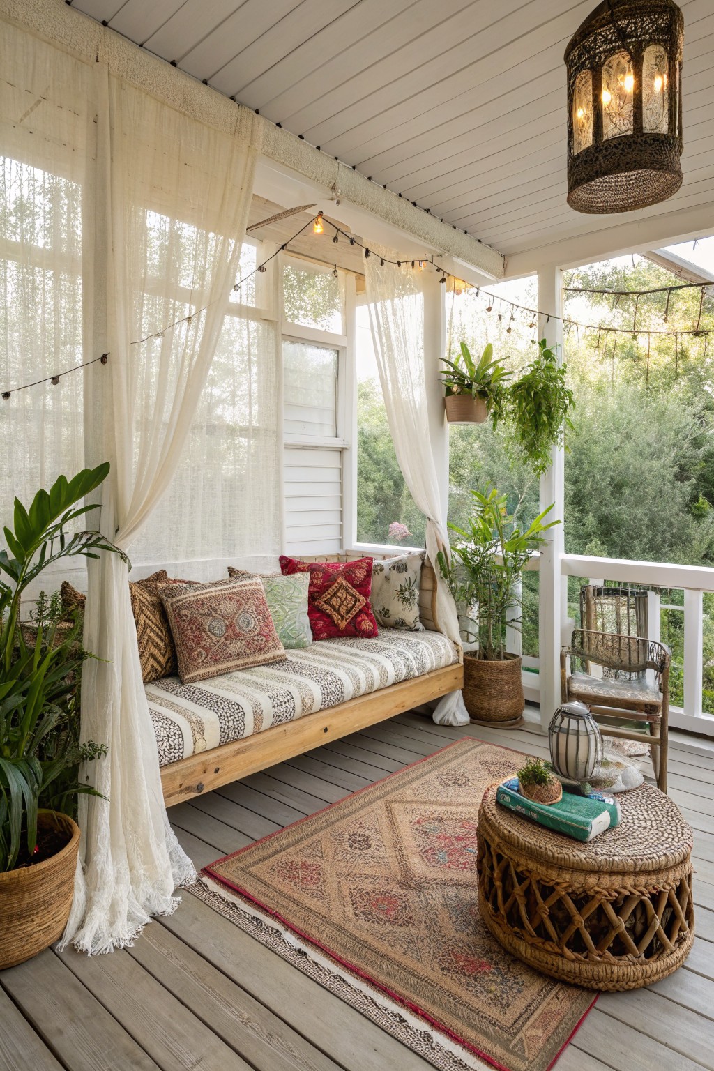 A covered wooden deck featuring a daybed with striped cushions and pillows, sheer white curtains hung from the ceiling, potted plants, a patterned rug, and a woven coffee table.