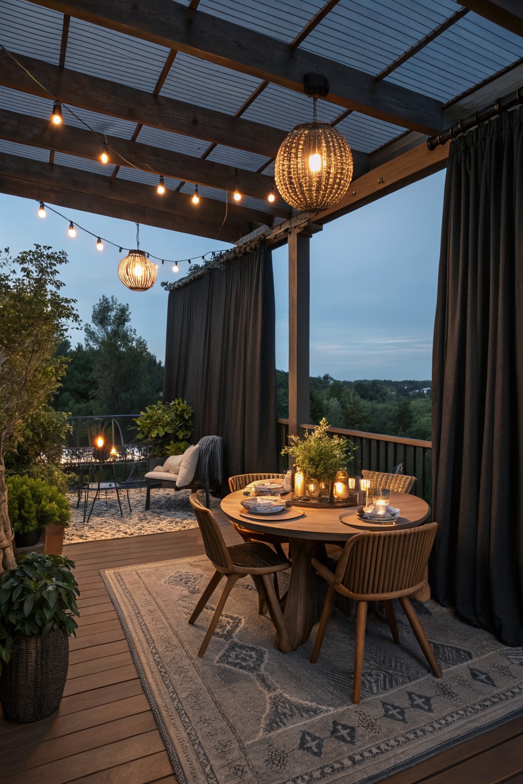 Cozy wooden deck with round dining table, string lights, rug, and forest view at dusk.