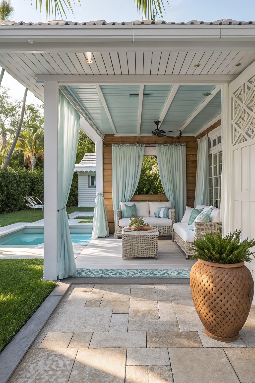 Covered patio with wicker sofas, light blue curtains, and pool view