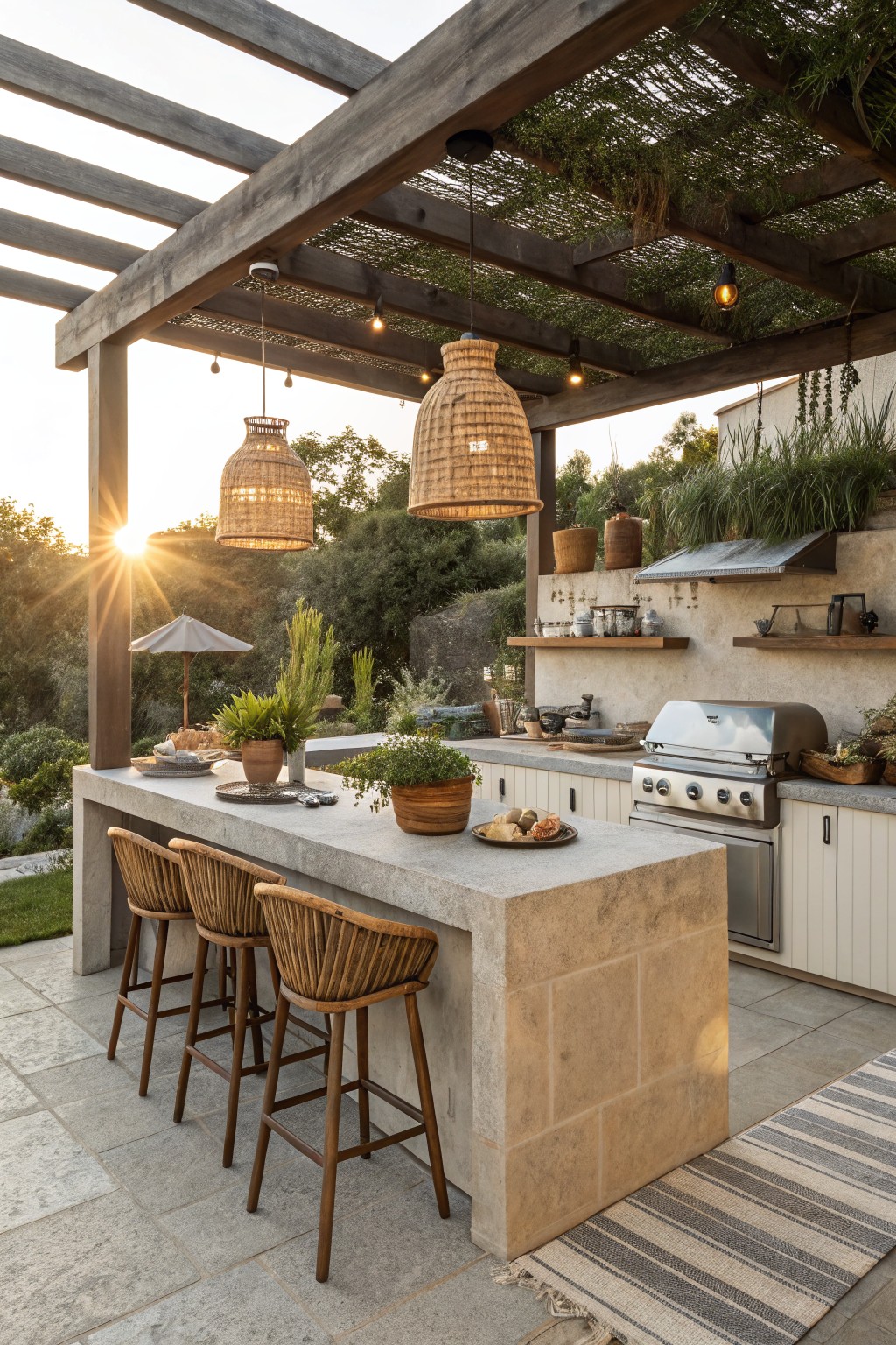 An outdoor kitchen featuring a large concrete bar island with three rattan bar stools, woven pendant lights, a stainless steel grill, and surrounding plants under a wooden pergola.