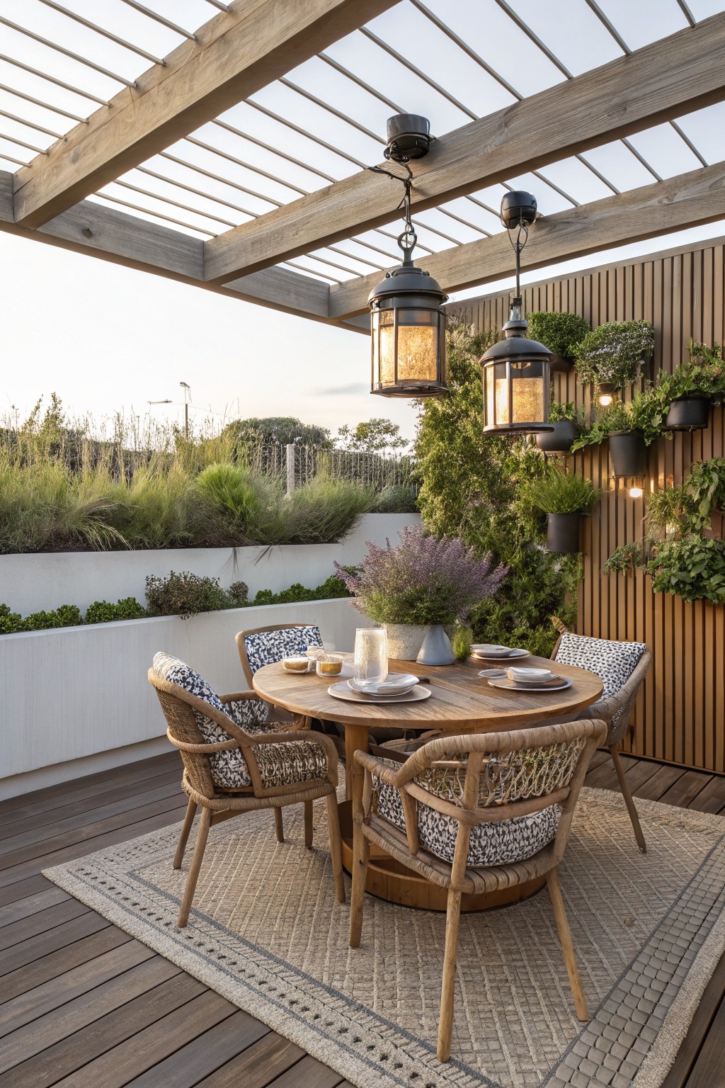 Round wooden table with woven chairs under hanging lanterns on plant-filled deck