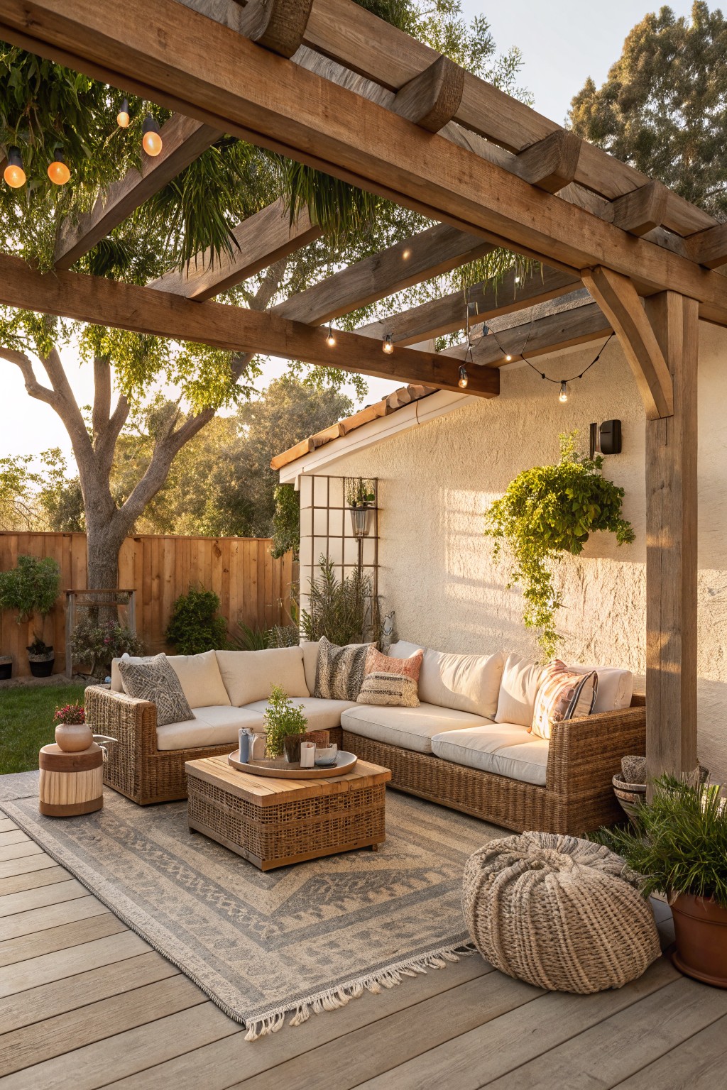 An outdoor seating area with a rattan sectional sofa, wooden coffee table, patterned area rug, and string lights under a wooden pergola on a deck.