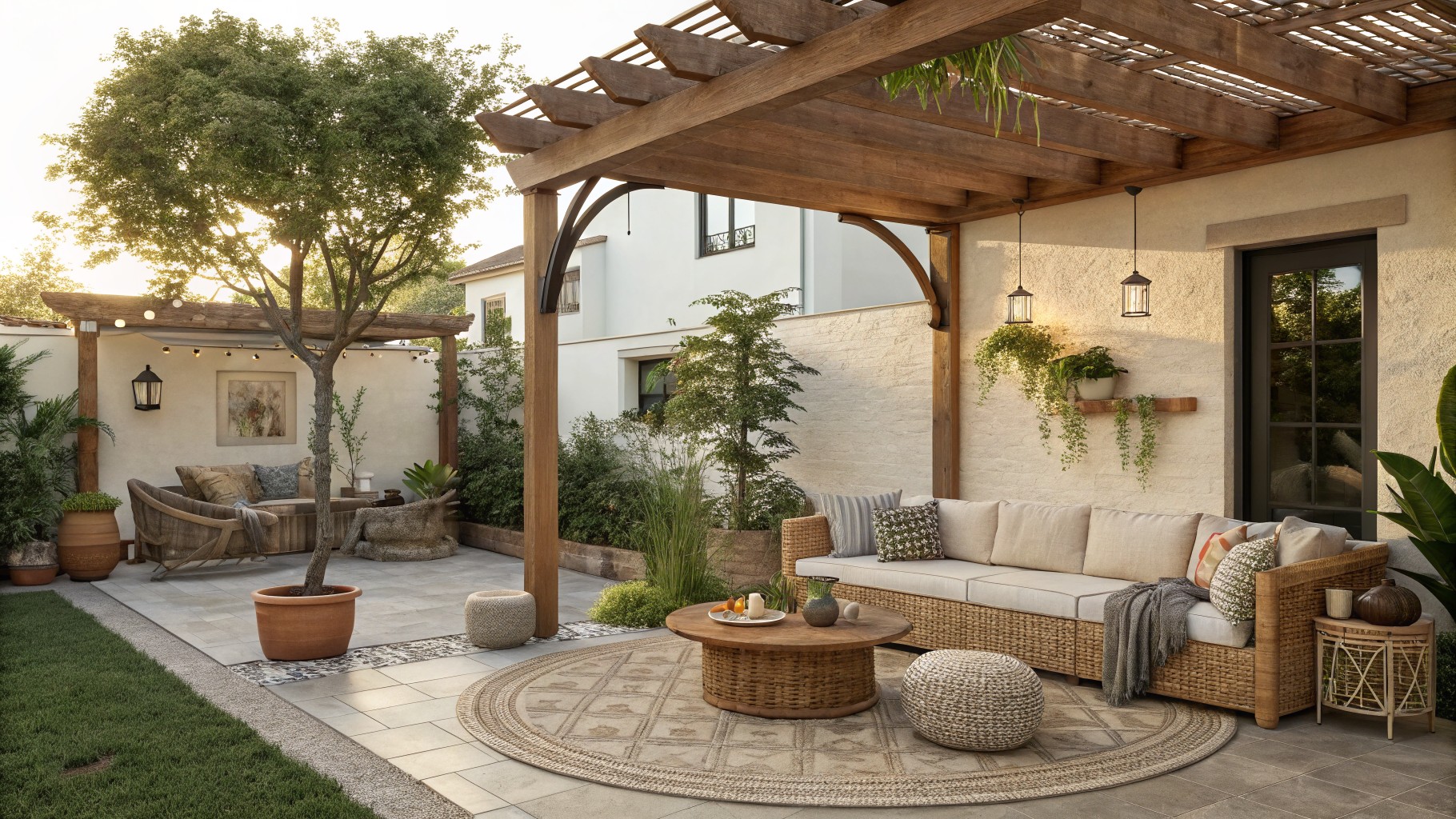 An outdoor seating area with a rattan sectional sofa, wooden coffee table, patterned area rug, and string lights under a wooden pergola on a deck.