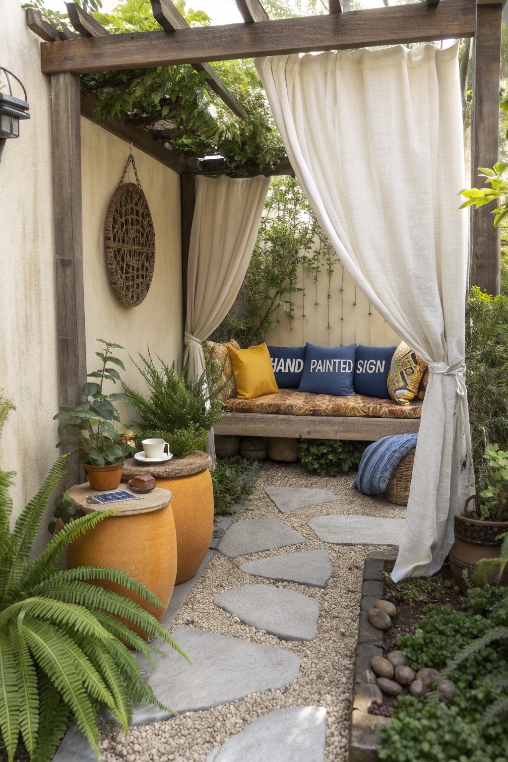 Wooden pergola with white curtains tied back around a cushioned bench, surrounded by terracotta pots, ferns, and a gravel path with stepping stones.