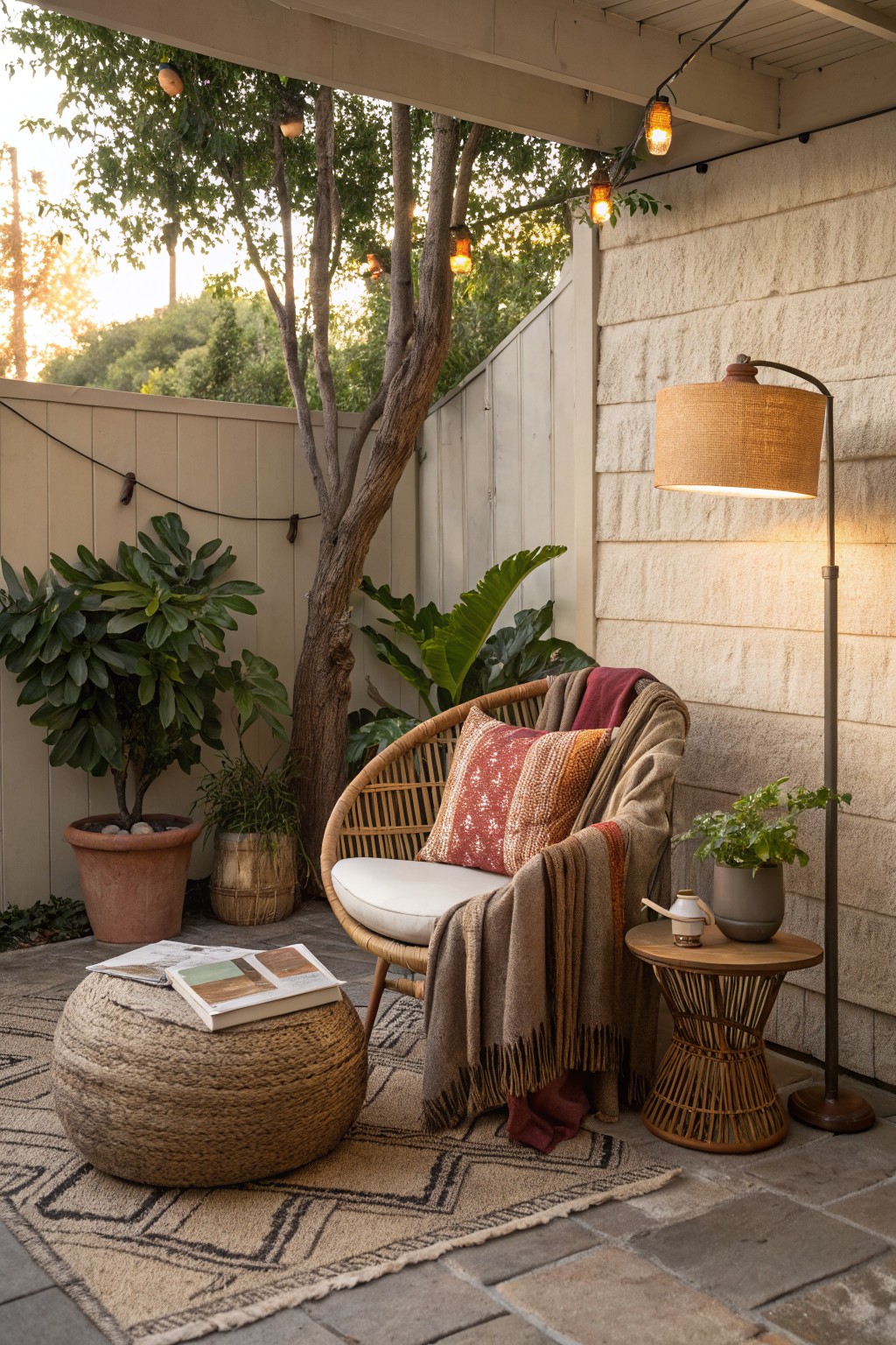 An outdoor patio corner with a rattan chair covered in pillows and throws, a woven ottoman holding books, a side table with a lamp, potted plants, and string lights against a stone wall.