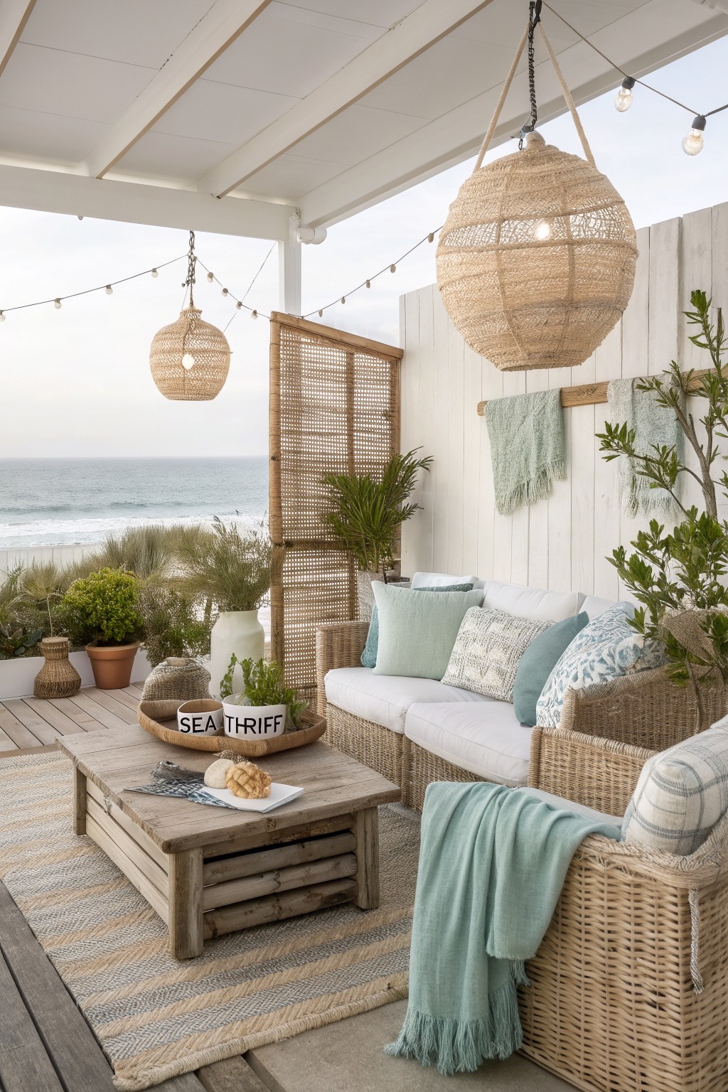 A covered outdoor patio with rattan sofas, layered pillows, a wooden coffee table, hanging woven lights, and an ocean view in the background.
