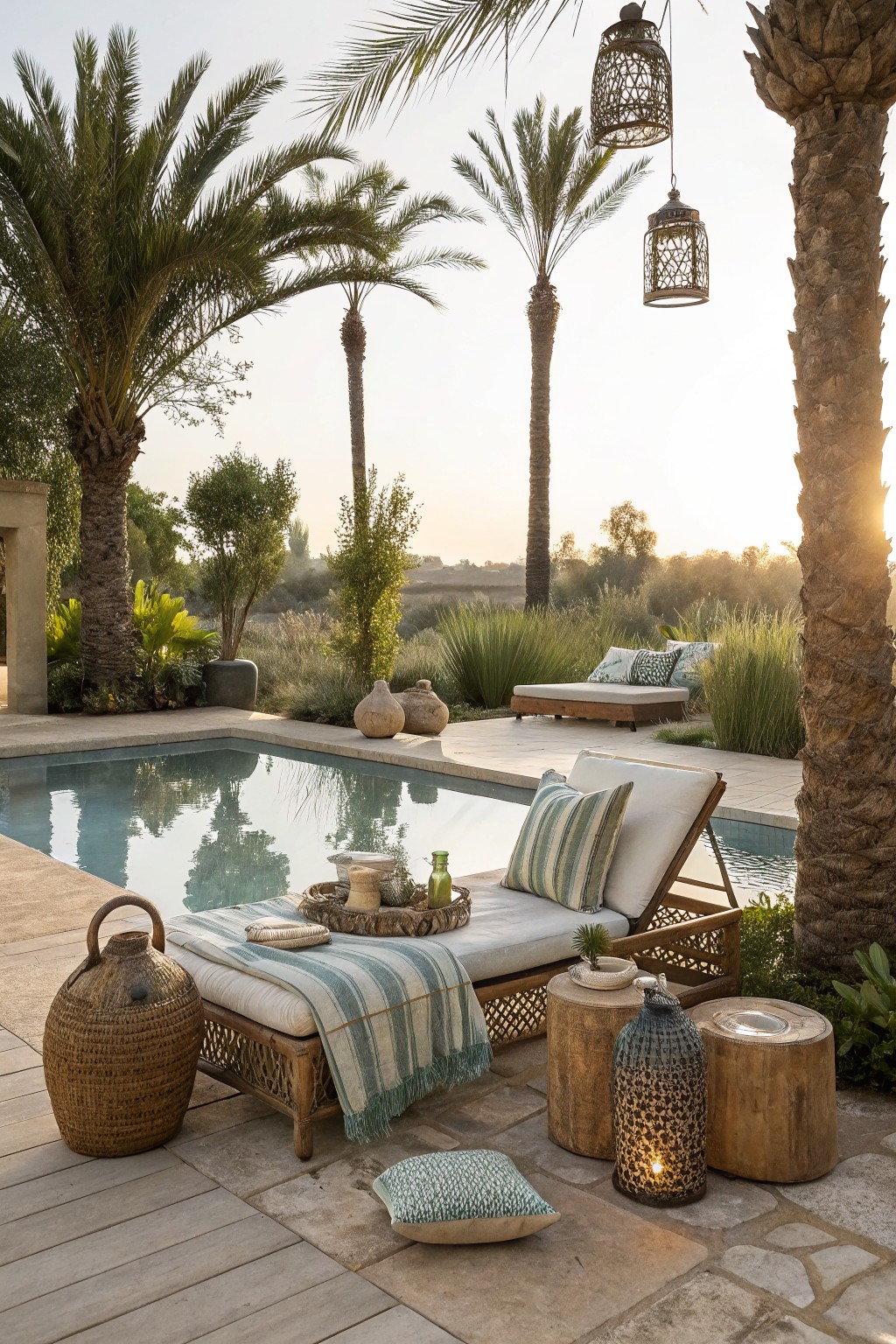 A poolside patio with rattan lounge chairs layered in striped textiles, surrounded by palm trees and hanging lanterns at sunset.