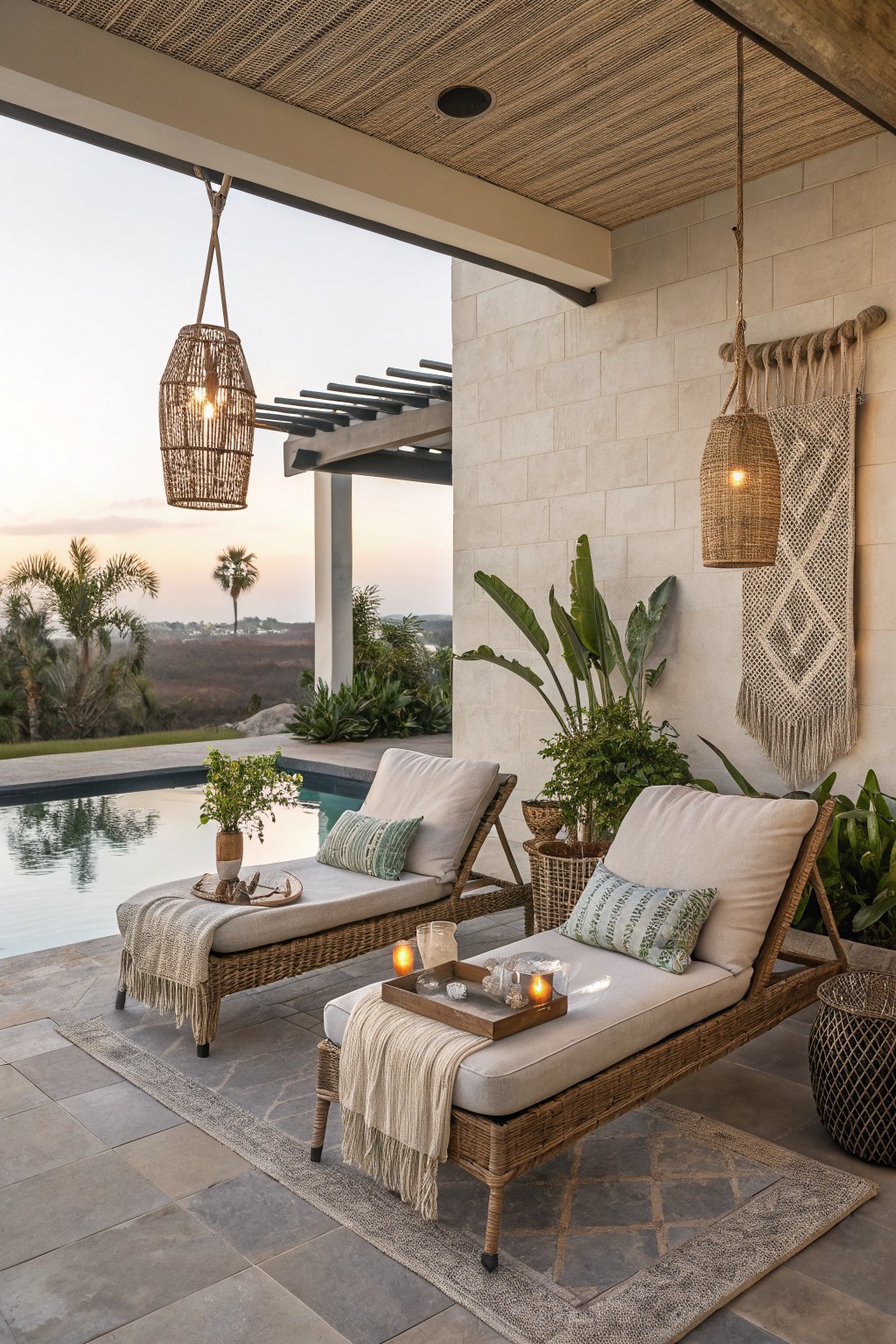 Two rattan lounge chairs with cushions and textiles sit on rugs near a pool, surrounded by potted plants and hanging woven lights.