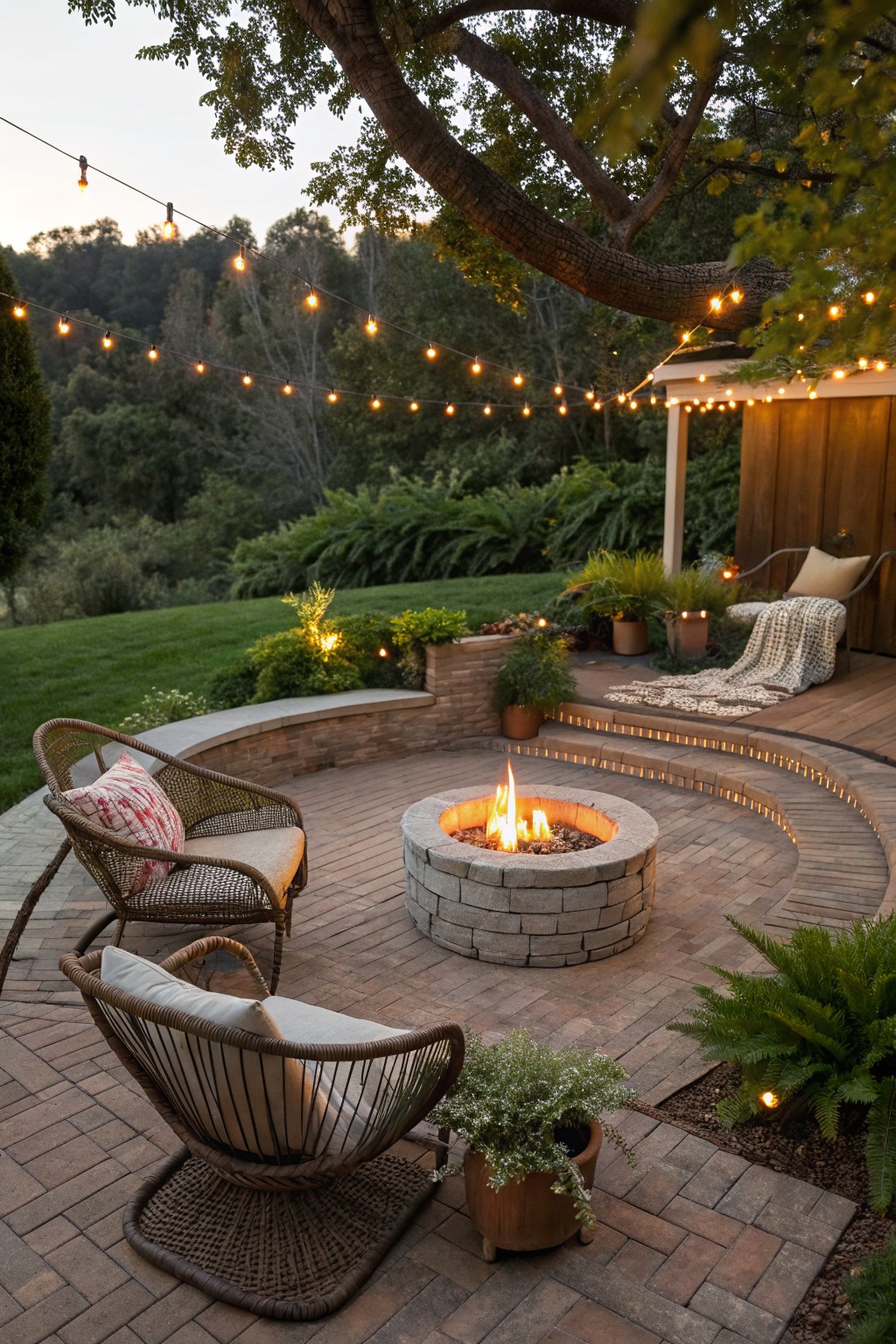 A brick patio with a round stone fire pit, several rattan chairs with cushions, potted plants, and string lights overhead.