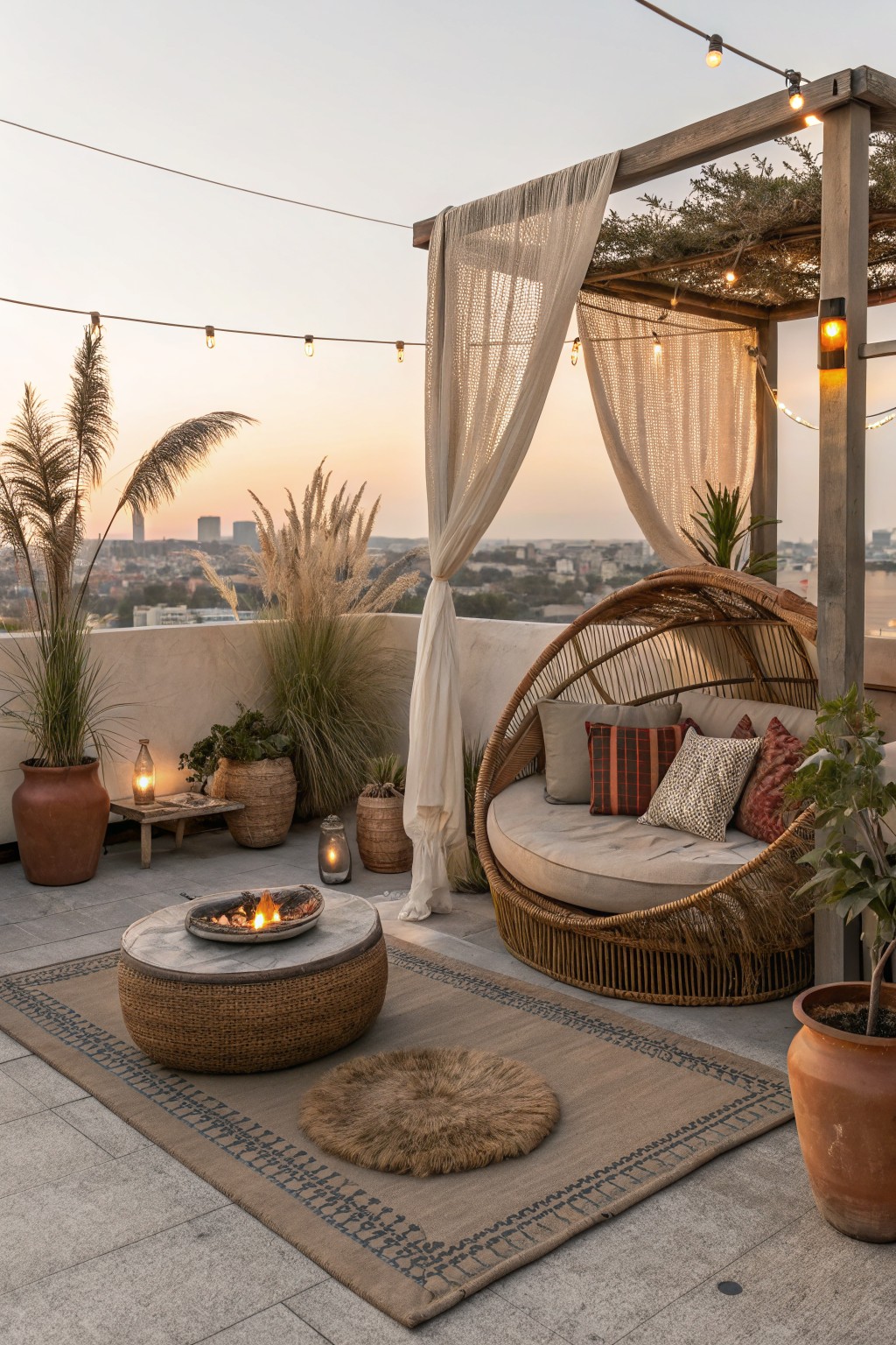 A rooftop terrace at dusk with a large round rattan chair piled with cushions under a wooden pergola, a fire pit on a woven base, potted plants, and a city skyline in the background.
