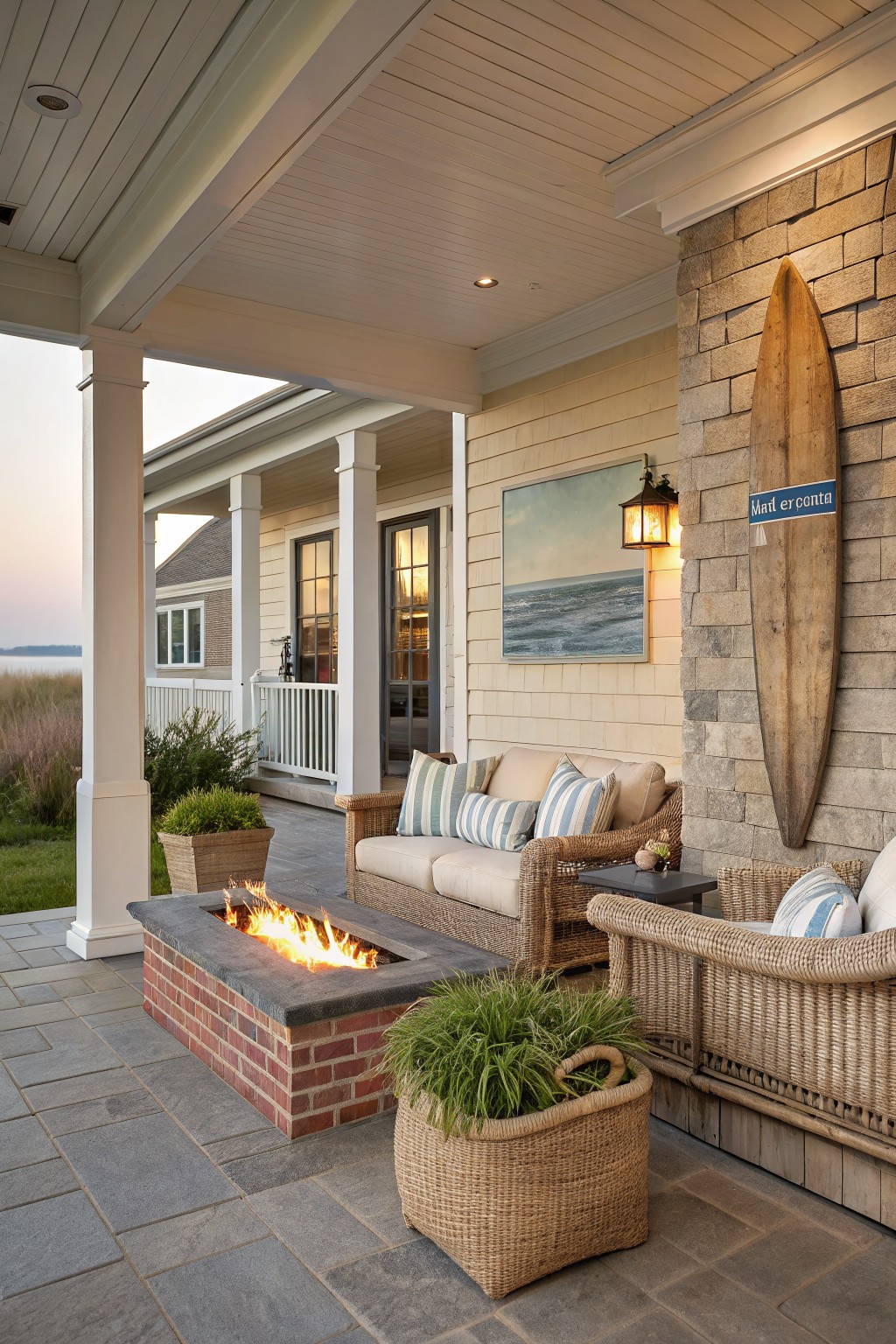 A covered porch features a rectangular brick fire pit set into a stone patio, with wicker seating arranged around it and a wooden surfboard mounted on the stone wall.