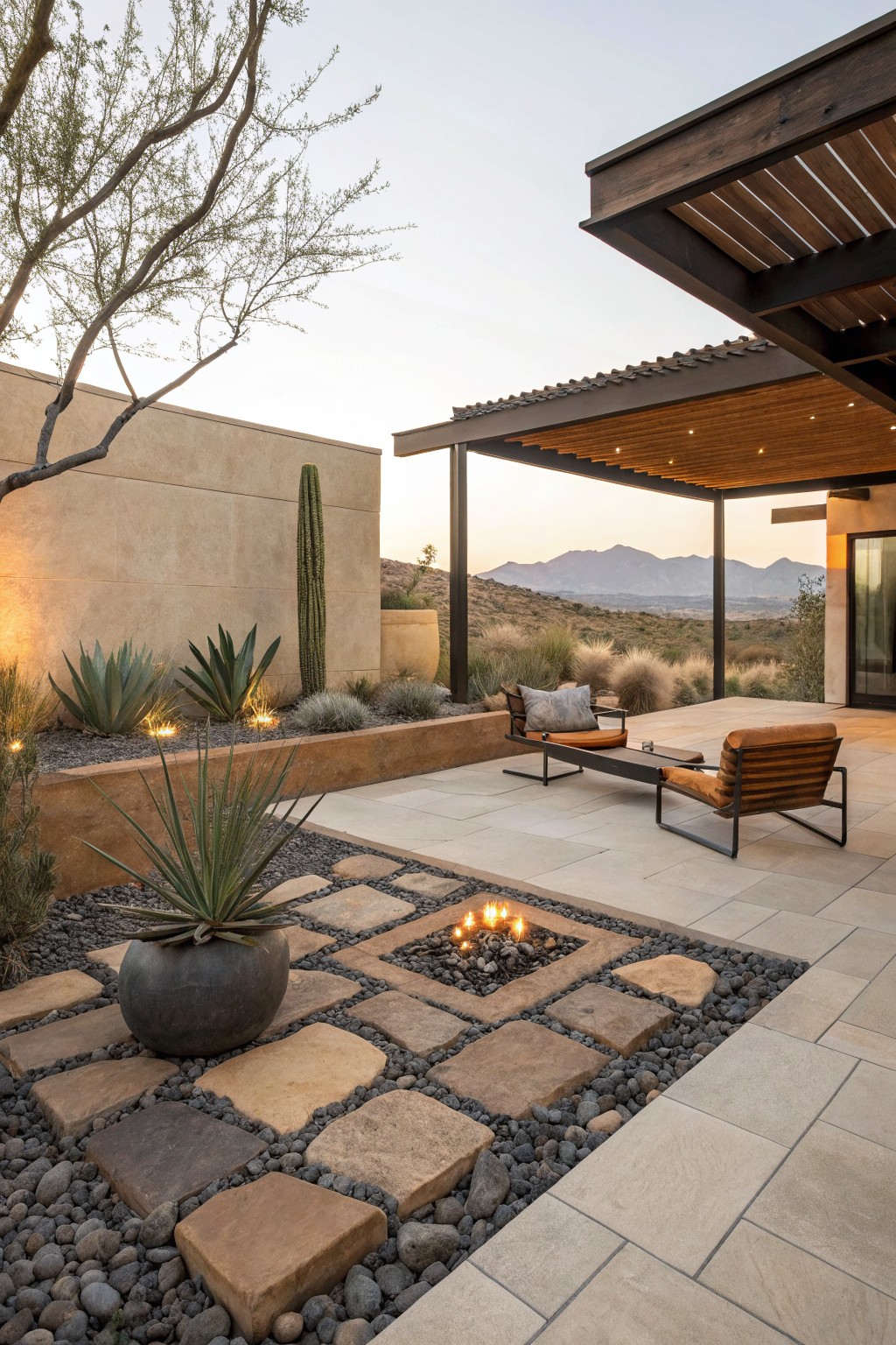 A square fire pit embedded in gravel and large stone pavers on a tiled patio, with modern lounge chairs and desert plants visible nearby.