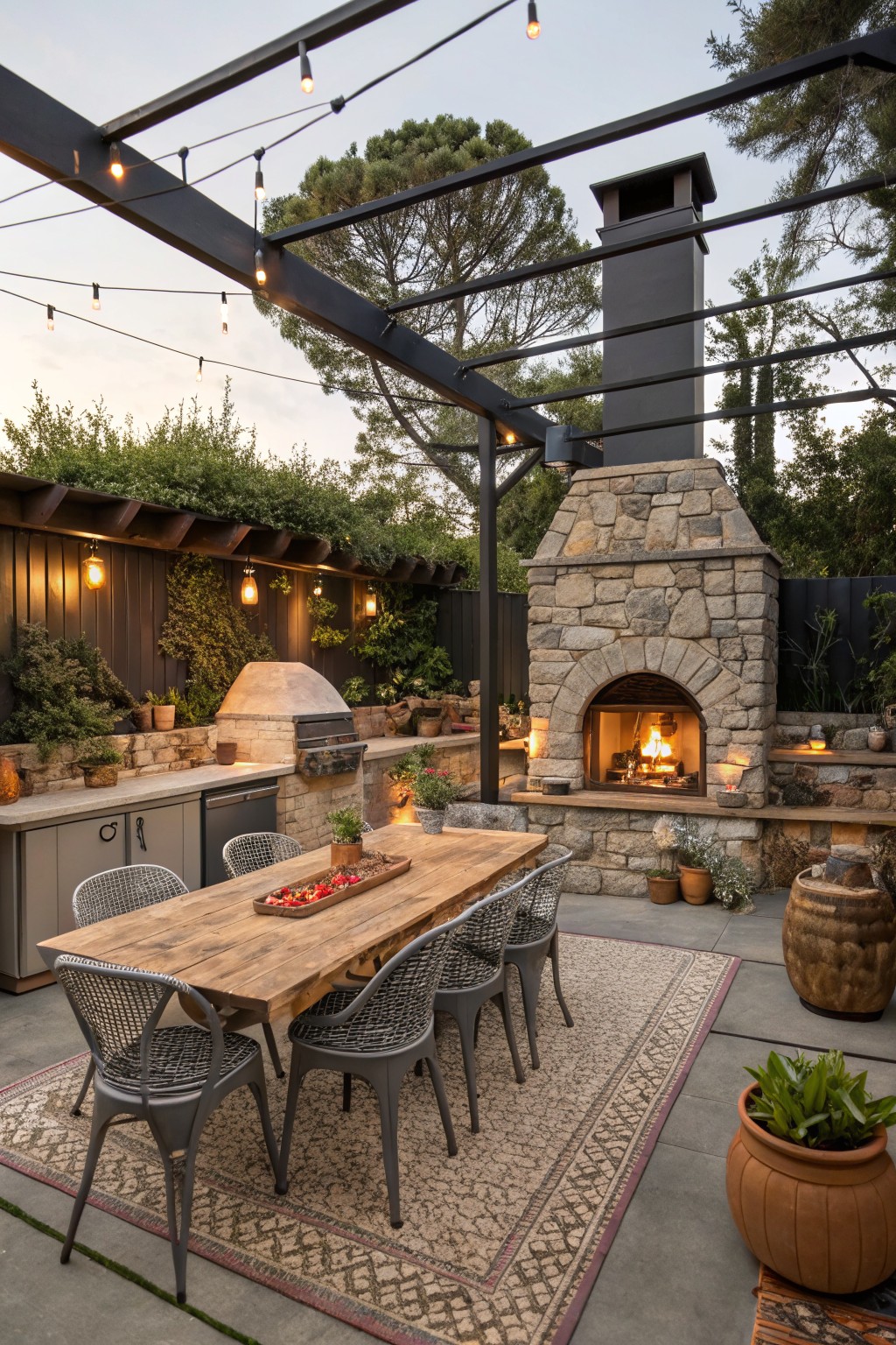 Outdoor patio featuring a long wooden dining table on a patterned rug with metal chairs, positioned in front of a large stone fireplace with a lit fire, under a black metal pergola with string lights.