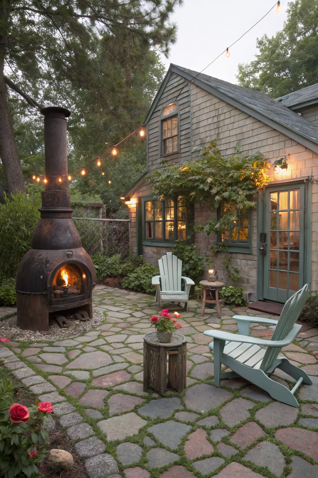 A flagstone patio featuring a large rusty metal chiminea with fire visible inside, two light blue Adirondack chairs nearby, string lights overhead, and a shingled house with green trim in the background.