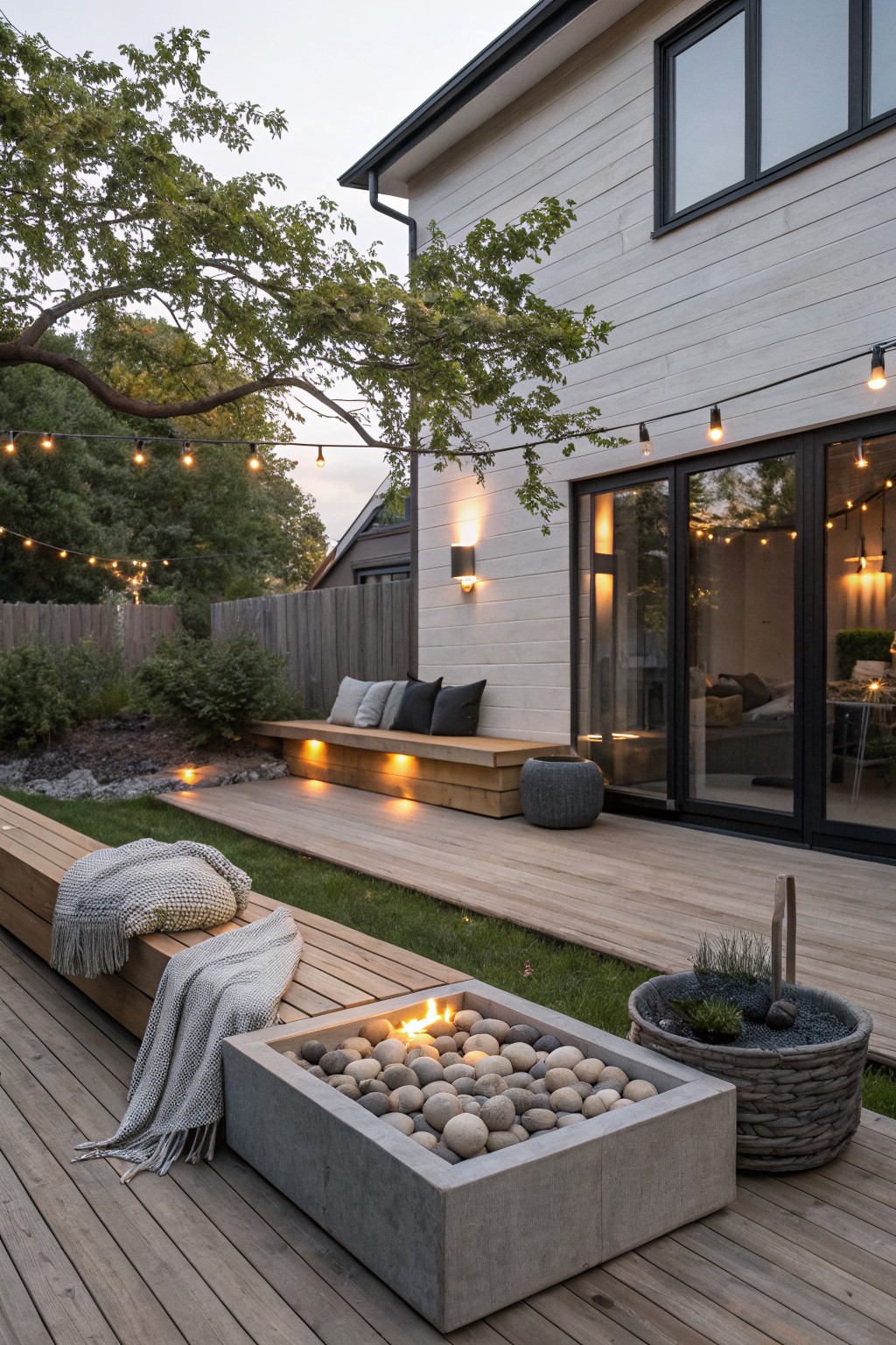 A rectangular concrete fire pit with stones sits built into a wooden deck beside a house with sliding doors and string lights overhead.