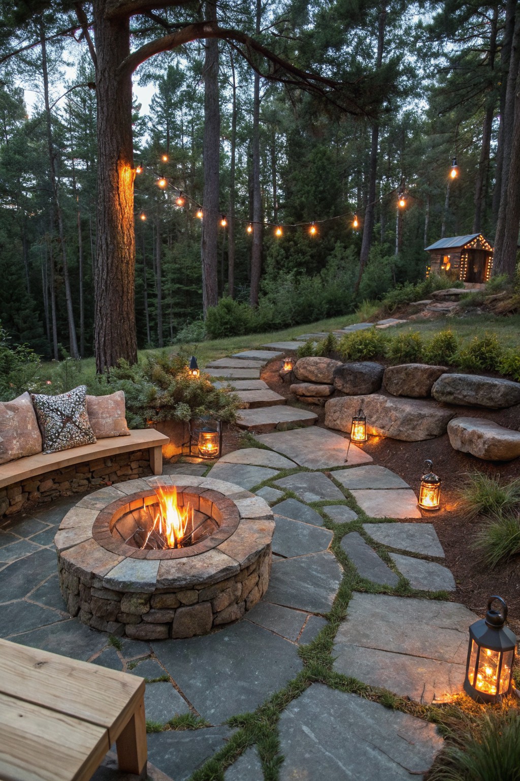 A circular stone fire pit with burning wood sits at the center of a flagstone patio, surrounded by lanterns and a curved bench with pillows in a forested setting.