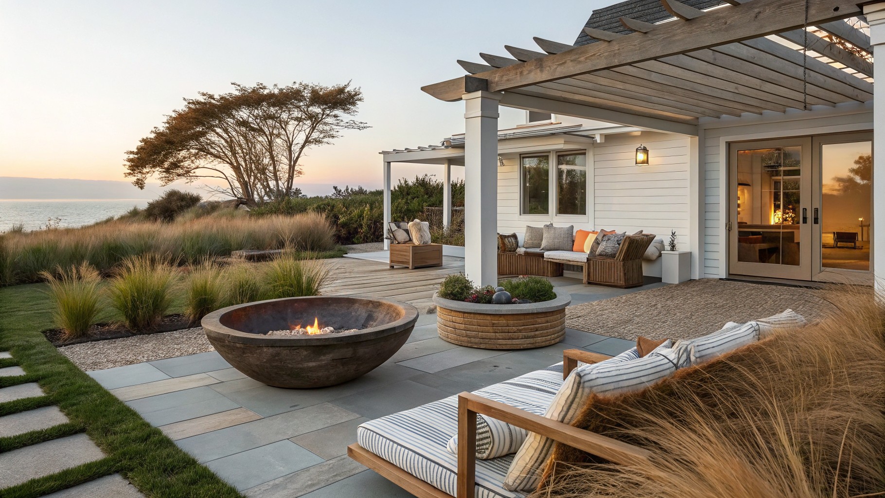 A round metal fire pit sits in a gravel bed on a stone patio, with woven chairs and a wooden coffee table nearby under a pergola overlooking the ocean.