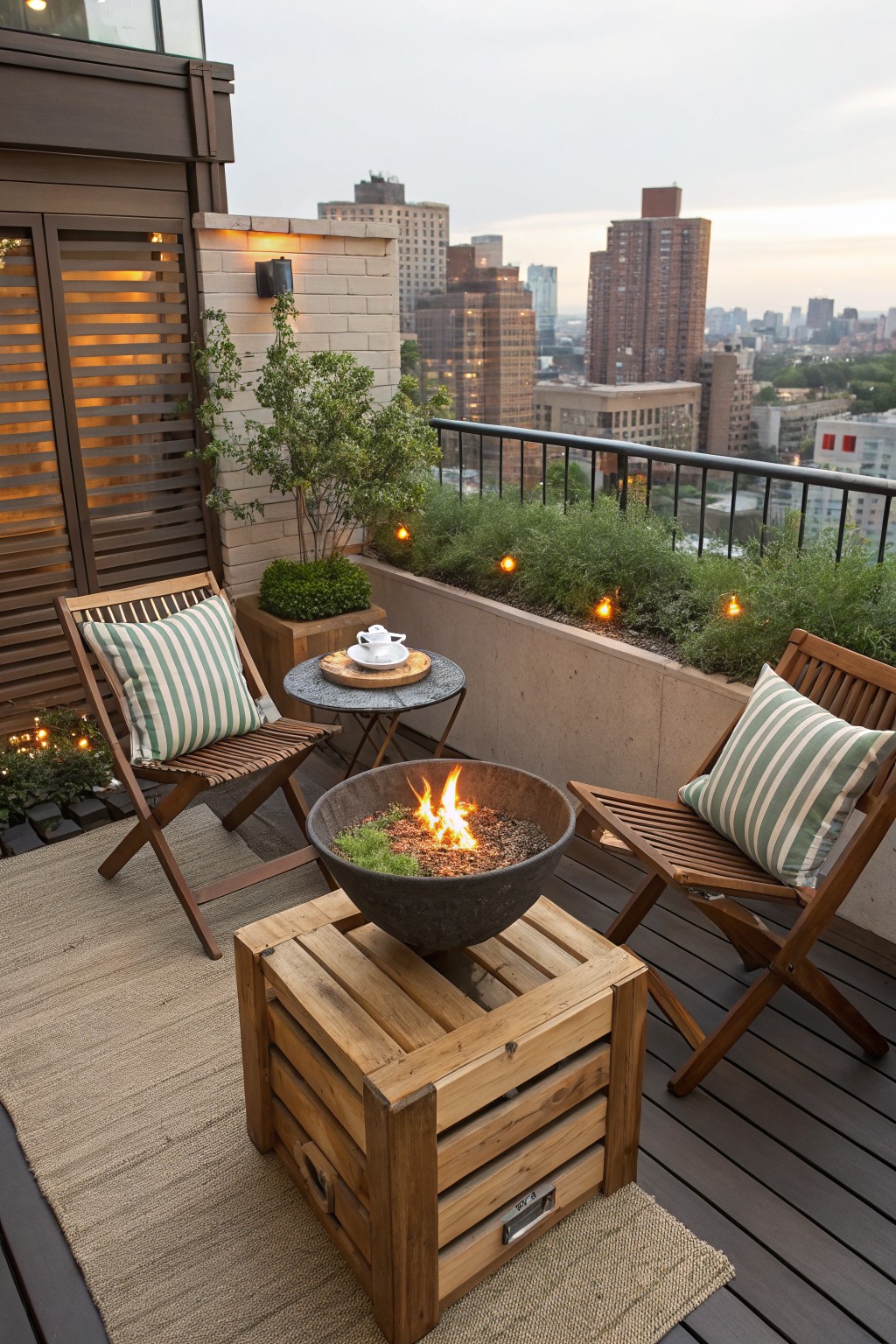 A city balcony with two wooden chairs facing a fire pit bowl resting on a wooden crate over a deck.