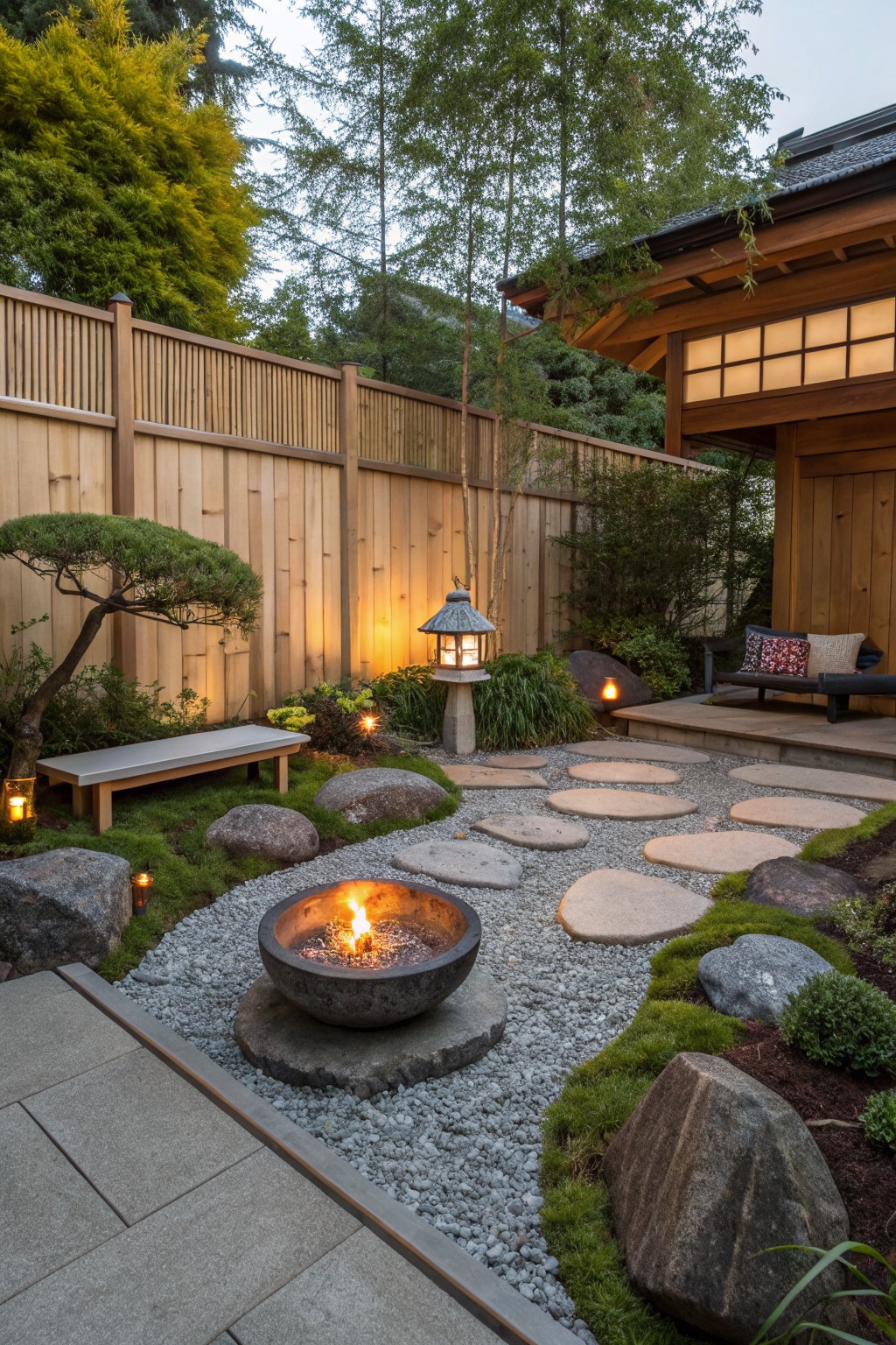 A backyard scene showing a lit stone fire pit centered in gravel with large stepping stones leading to it, surrounded by rocks, low plants, a wooden fence, and a traditional Japanese-style building with a lit lantern nearby.