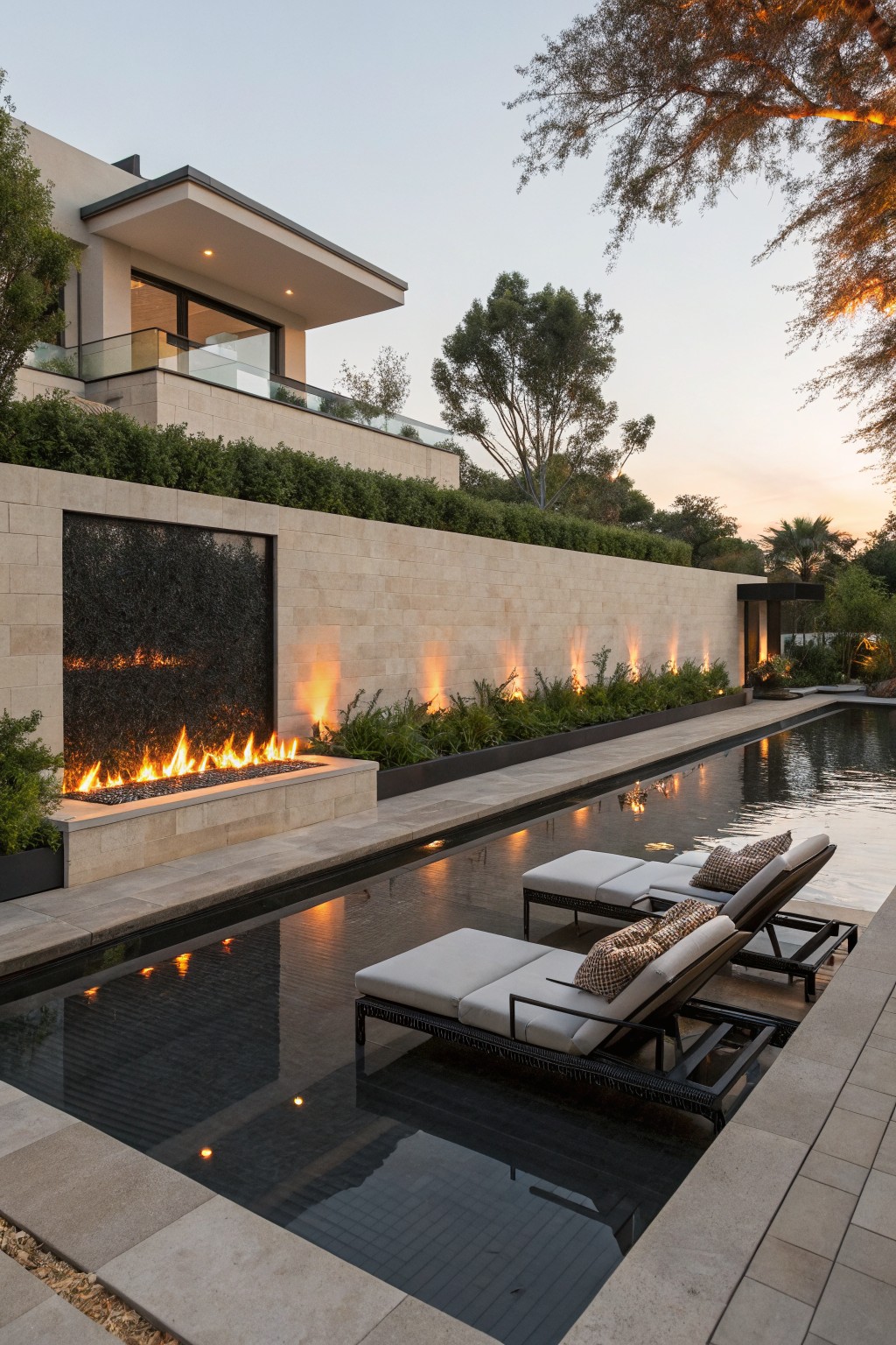 Modern house exterior with a linear fire pit recessed into a stone wall next to a long swimming pool and several lounge chairs.