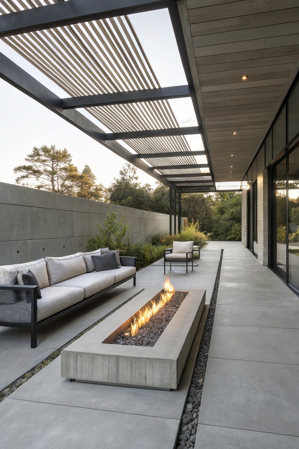 Modern patio with lit concrete fire pit, sofa, and slatted pergola cover.