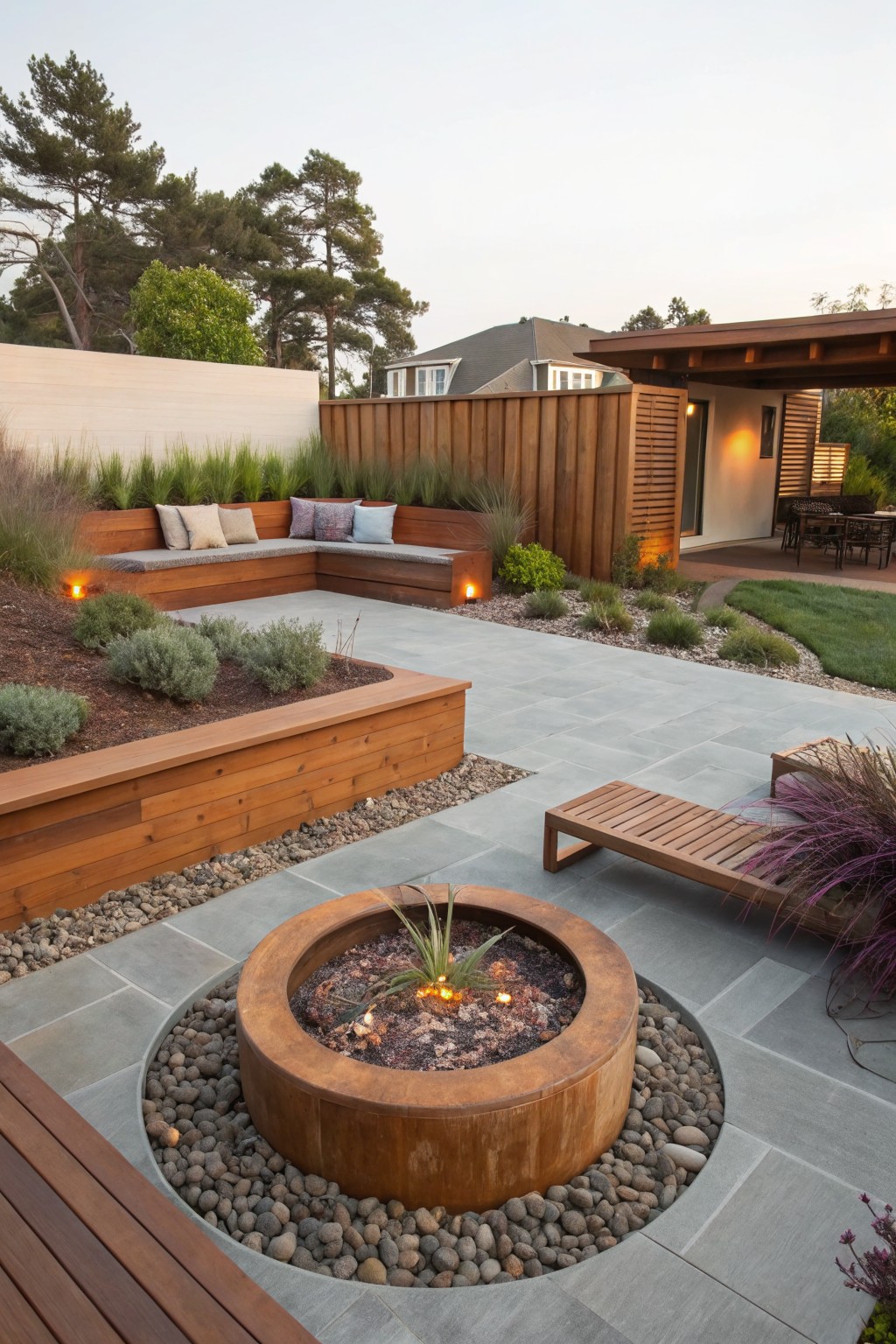 A backyard patio with a large round fire pit set in a gravel ring within stone pavers, surrounded by built-in wooden benches and a wooden lounge chair.