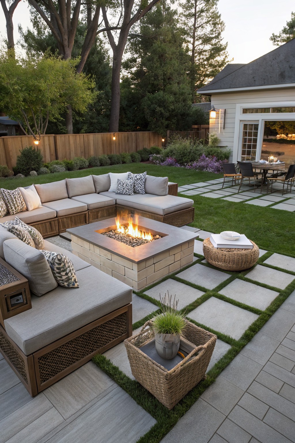 Backyard patio featuring an L-shaped sectional sofa wrapped around a square stone fire pit on a paver surface with grass accents.