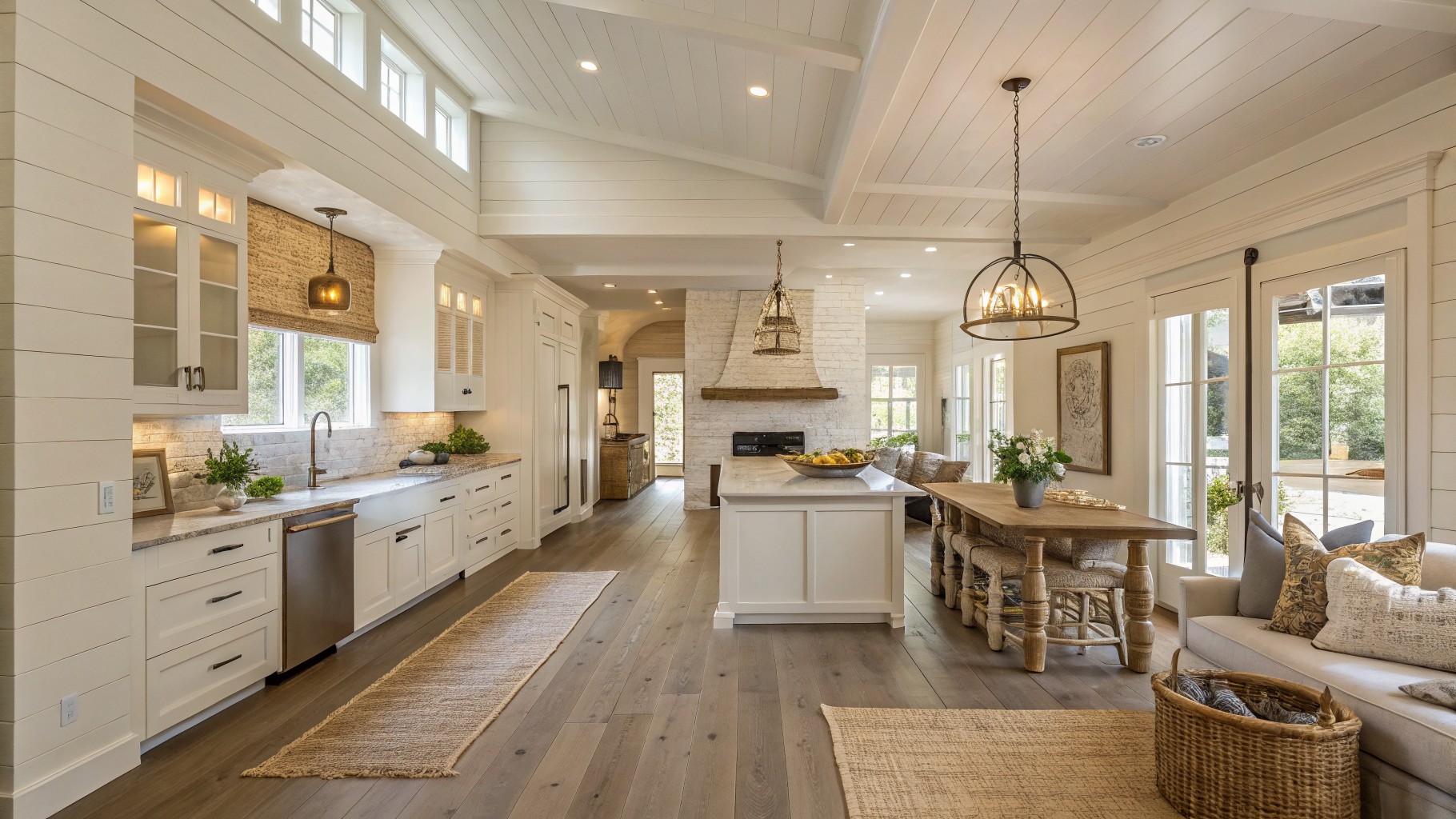 Creamy white walls and cabinetry in an open farmhouse kitchen and living area.