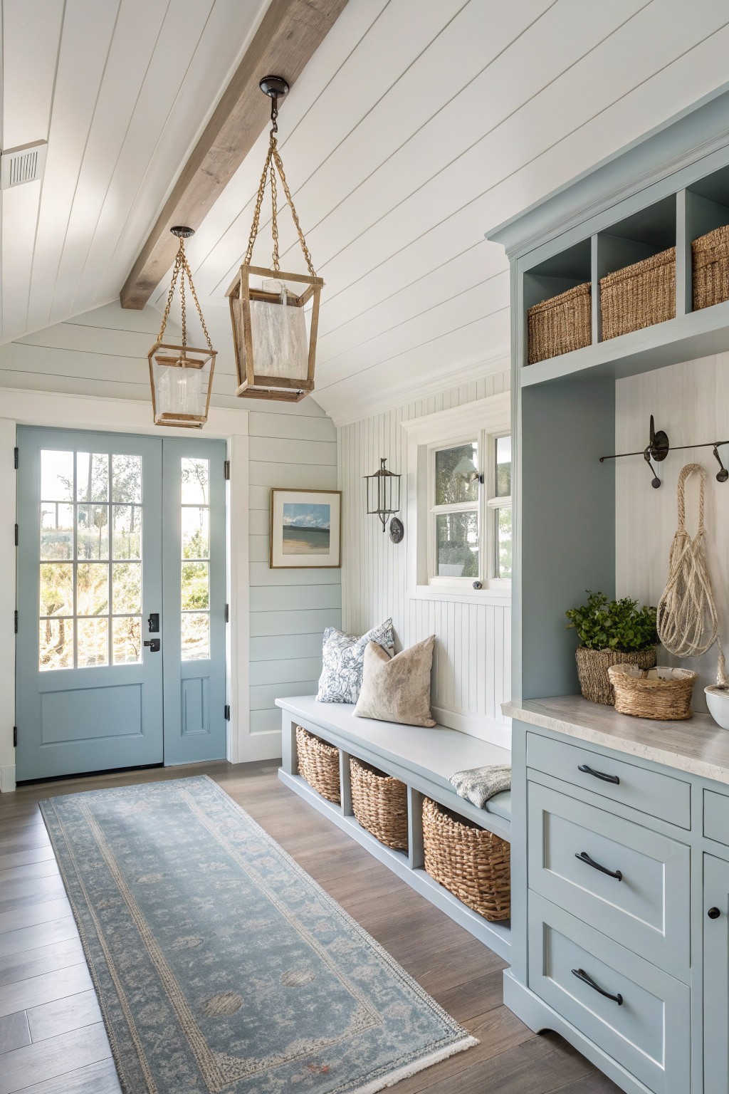 Light blue mudroom with built-in bench, woven baskets, hanging lanterns, and blue doors