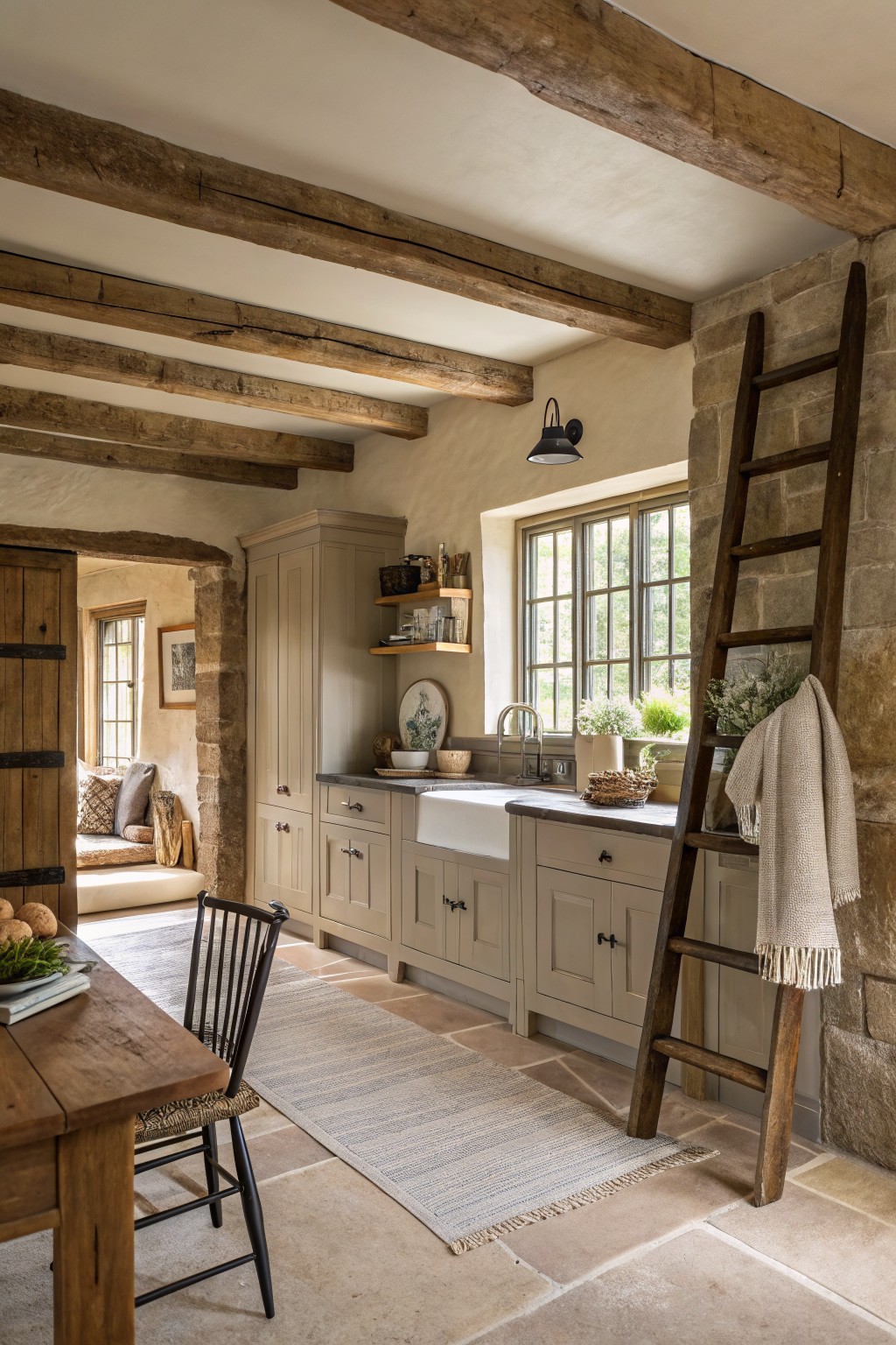 Kitchen with soft greige cabinets next to stone and wood beams.