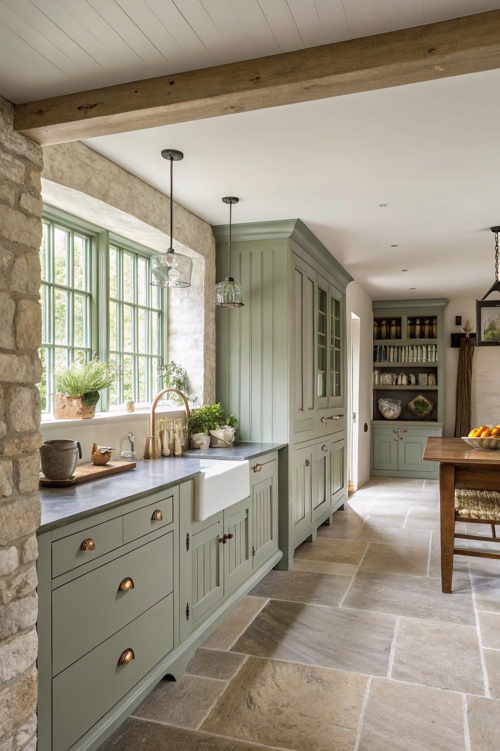 Sage green kitchen with farmhouse sink, stone walls, wooden beams and pendant lights.