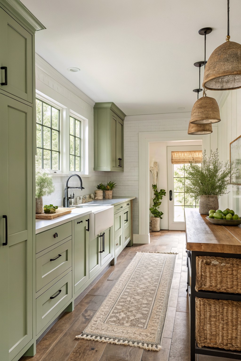 Sage green kitchen cabinets with white countertops and wood floors.