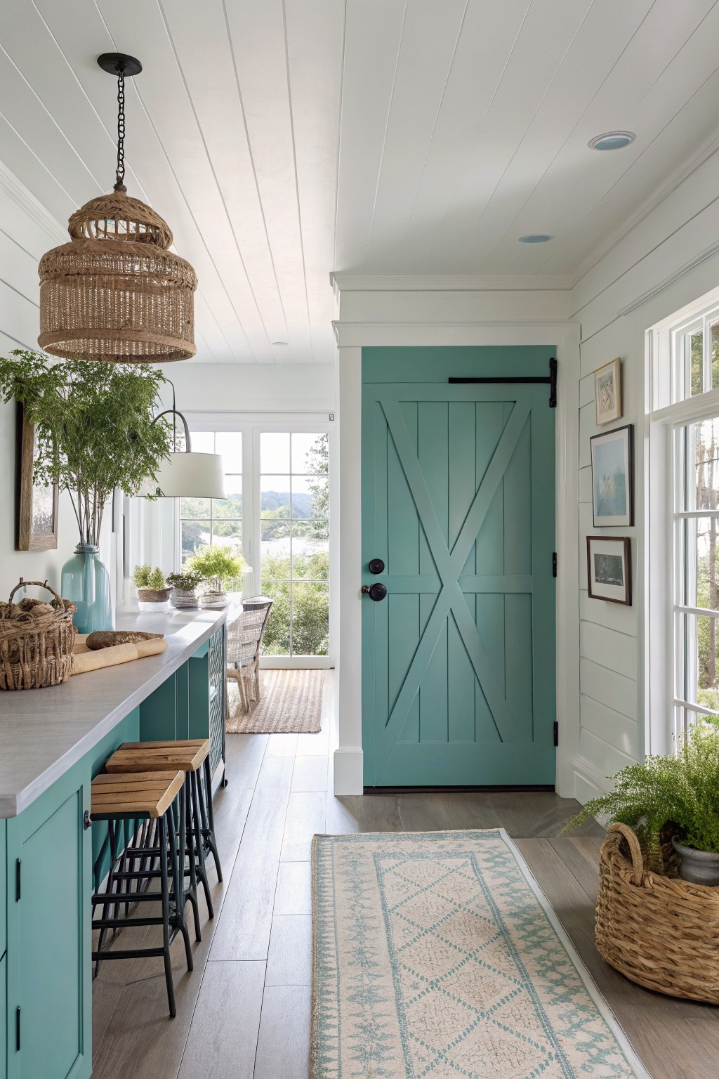 A soft teal door and matching kitchen cabinets in a light-filled farmhouse interior.