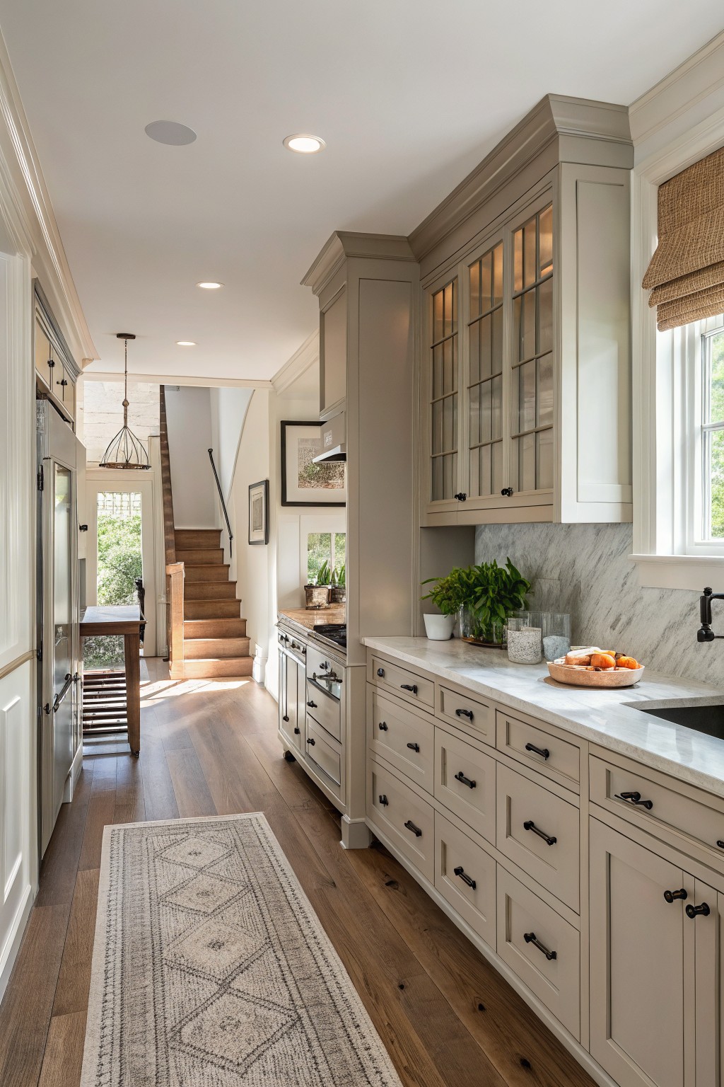 Soft greige cabinets in a farmhouse kitchen with wood floors.