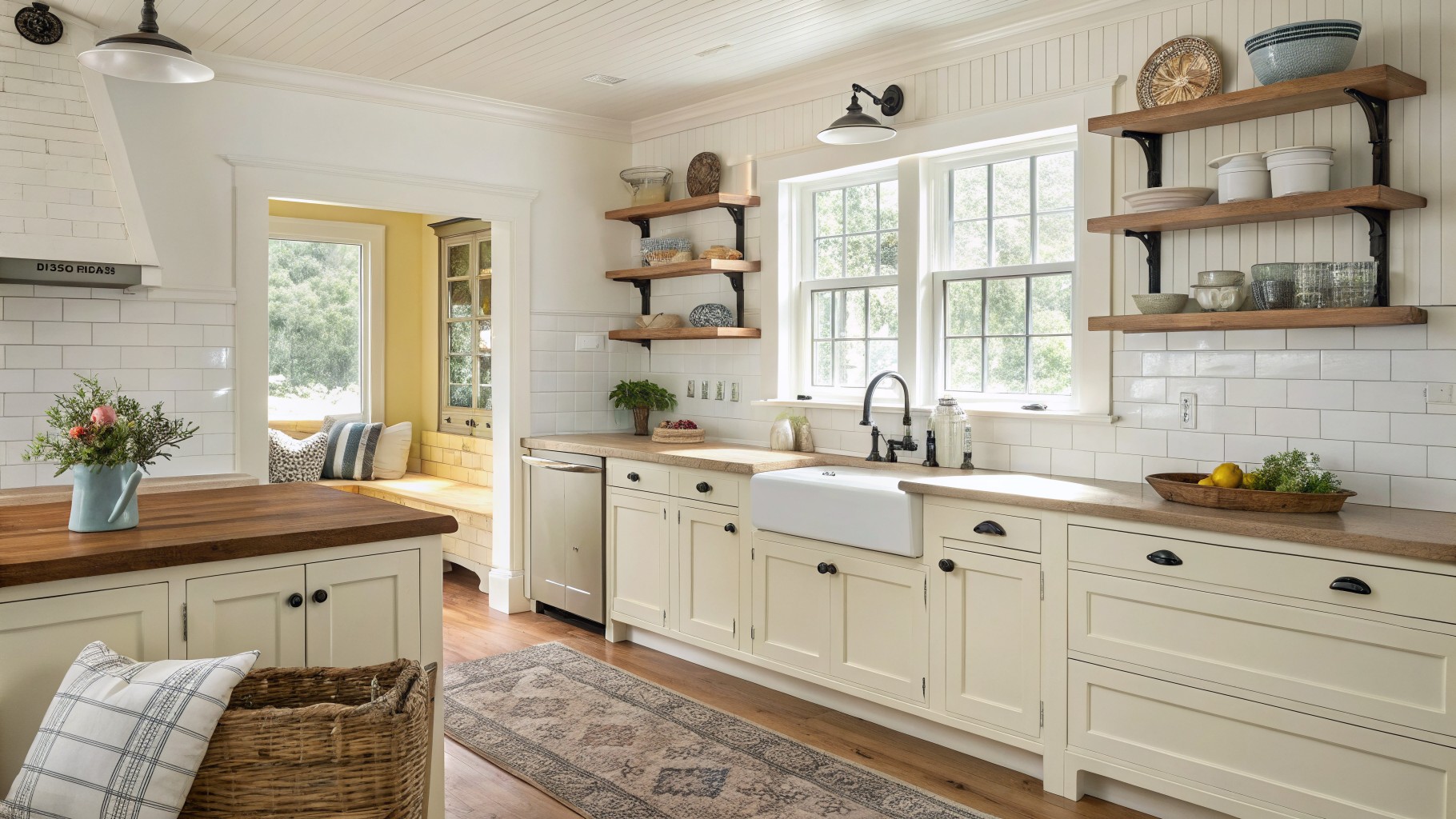 Pale yellow cabinets in a bright farmhouse kitchen with wood counters and white tile.