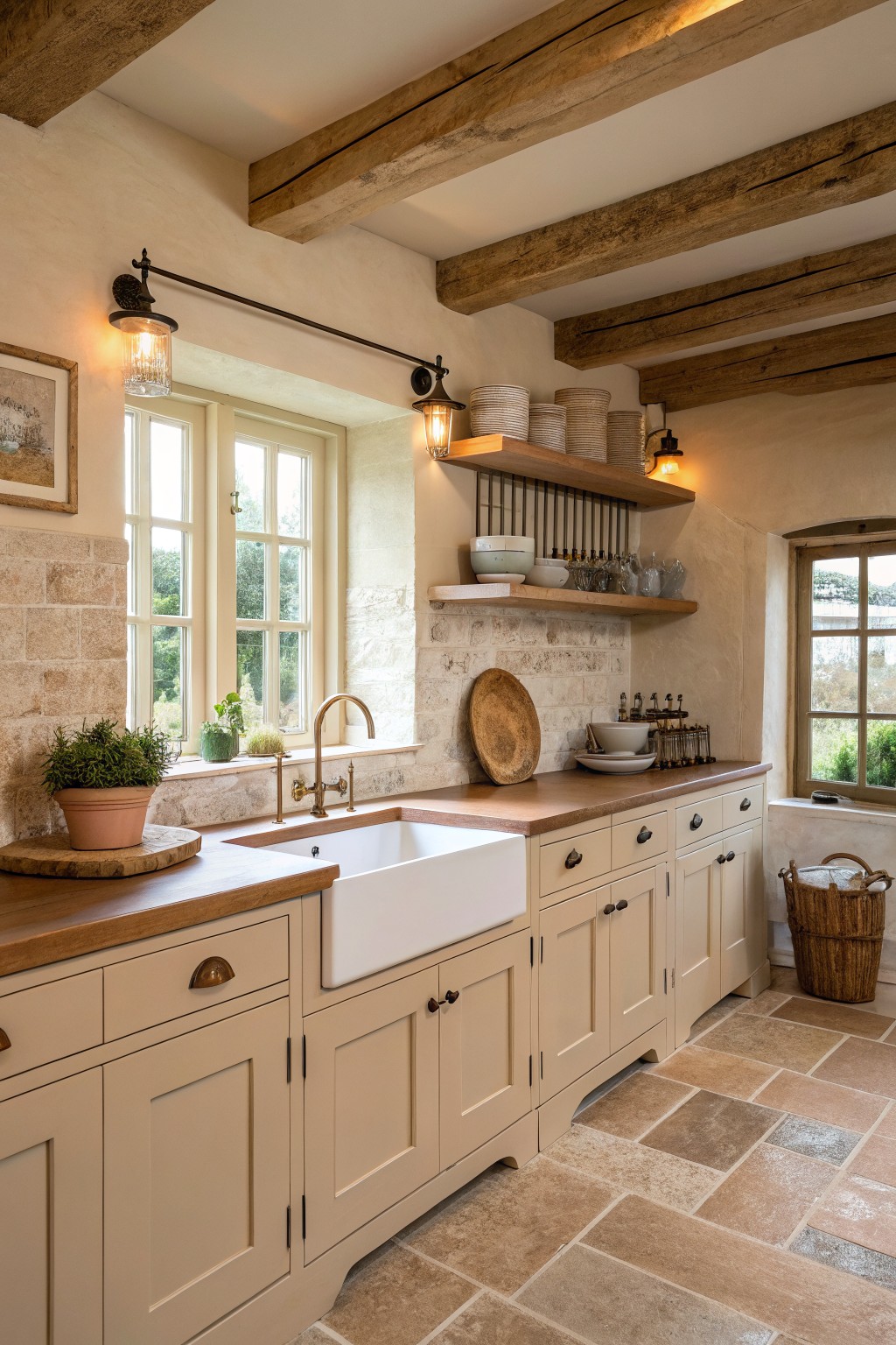 Light greige cabinets in a farmhouse kitchen with wood counters and open shelving.