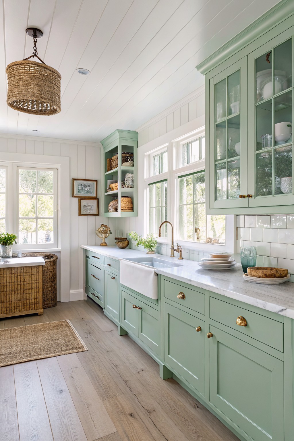 Bright kitchen with mint green cabinets, marble counters, and brass fixtures.