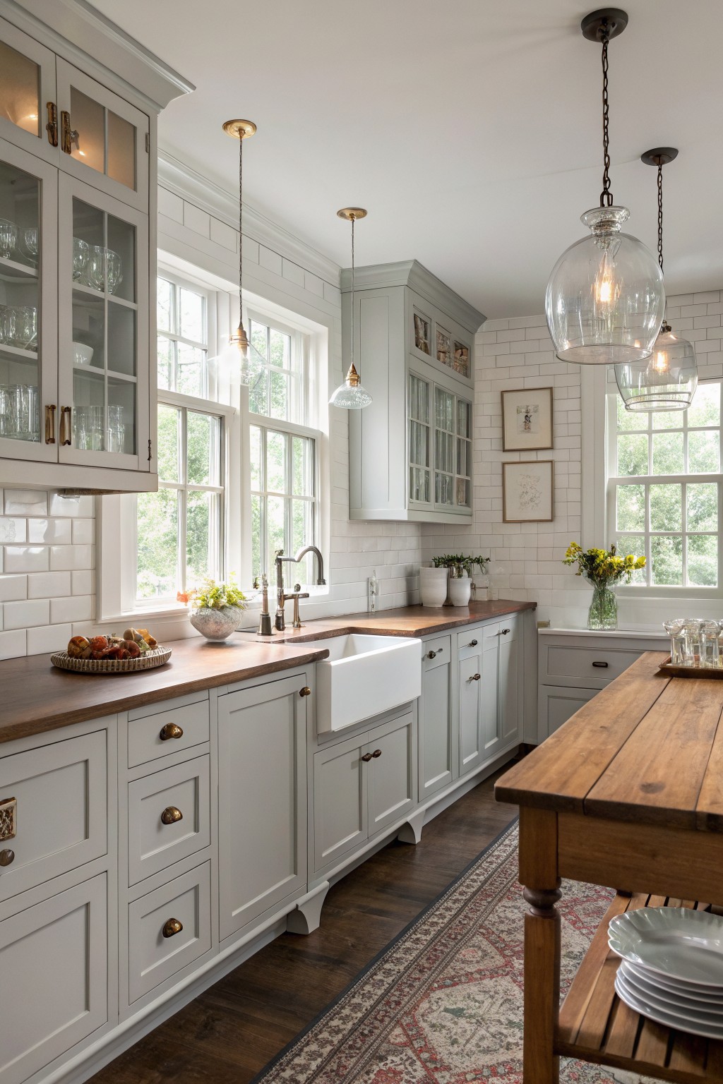 Light sage green cabinets in a bright farmhouse kitchen with wood countertops.