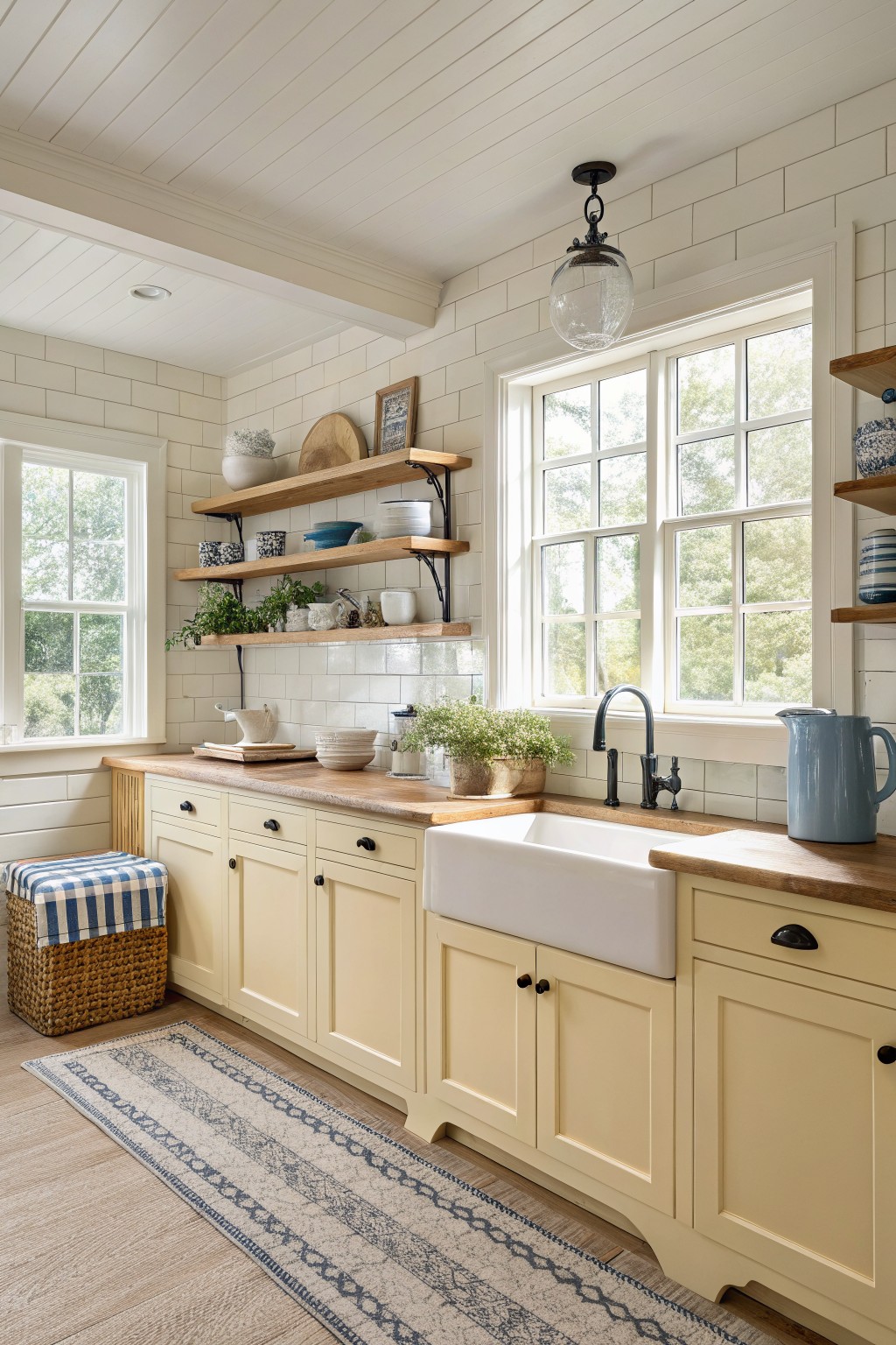 Pale yellow cabinets in a bright farmhouse kitchen with wood counters and white tile.