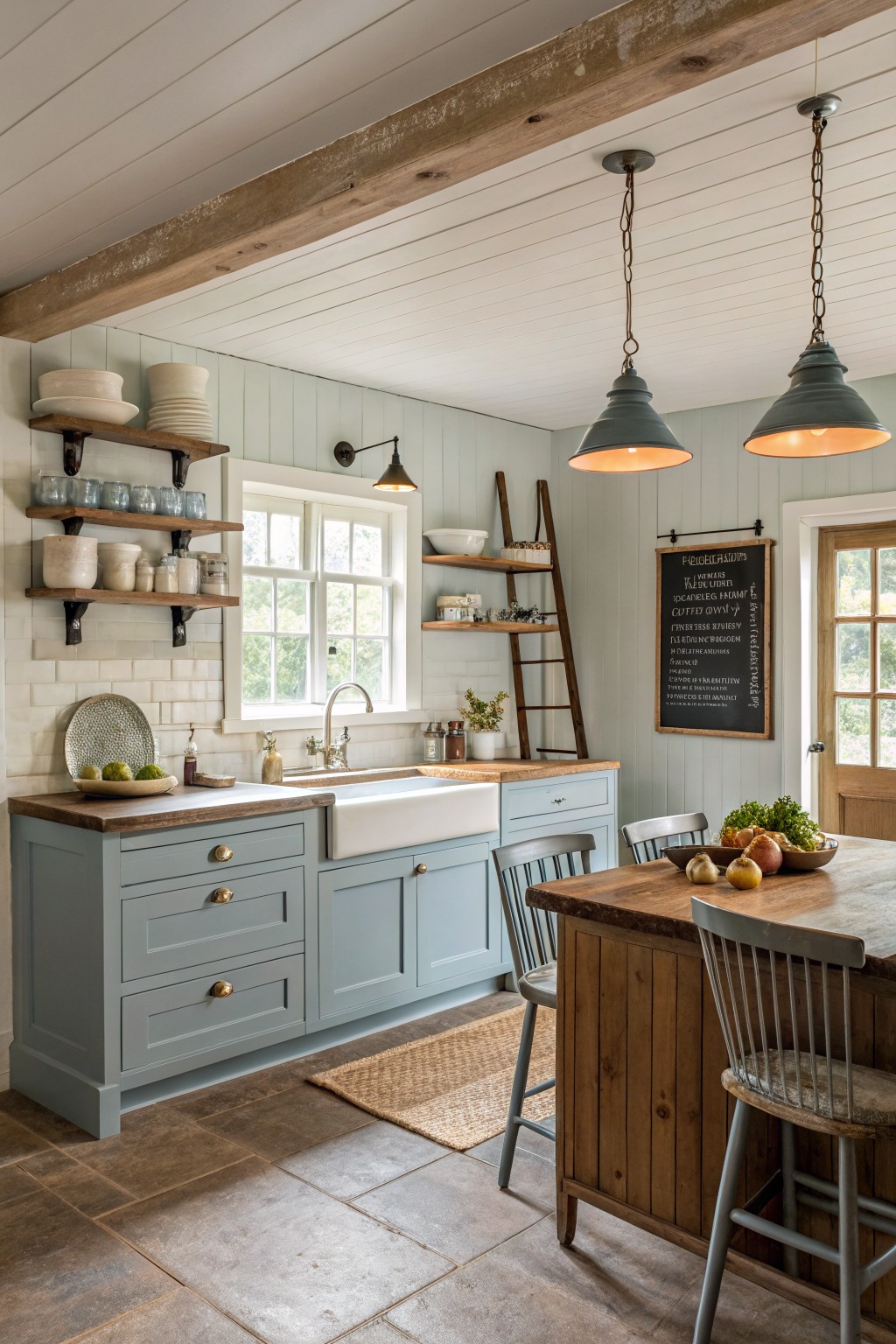 Farmhouse kitchen with blue cabinets, white sink, wooden island, and pendant lights.