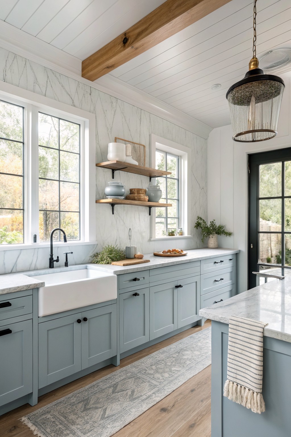 Light blue gray cabinets in a bright white farmhouse kitchen.